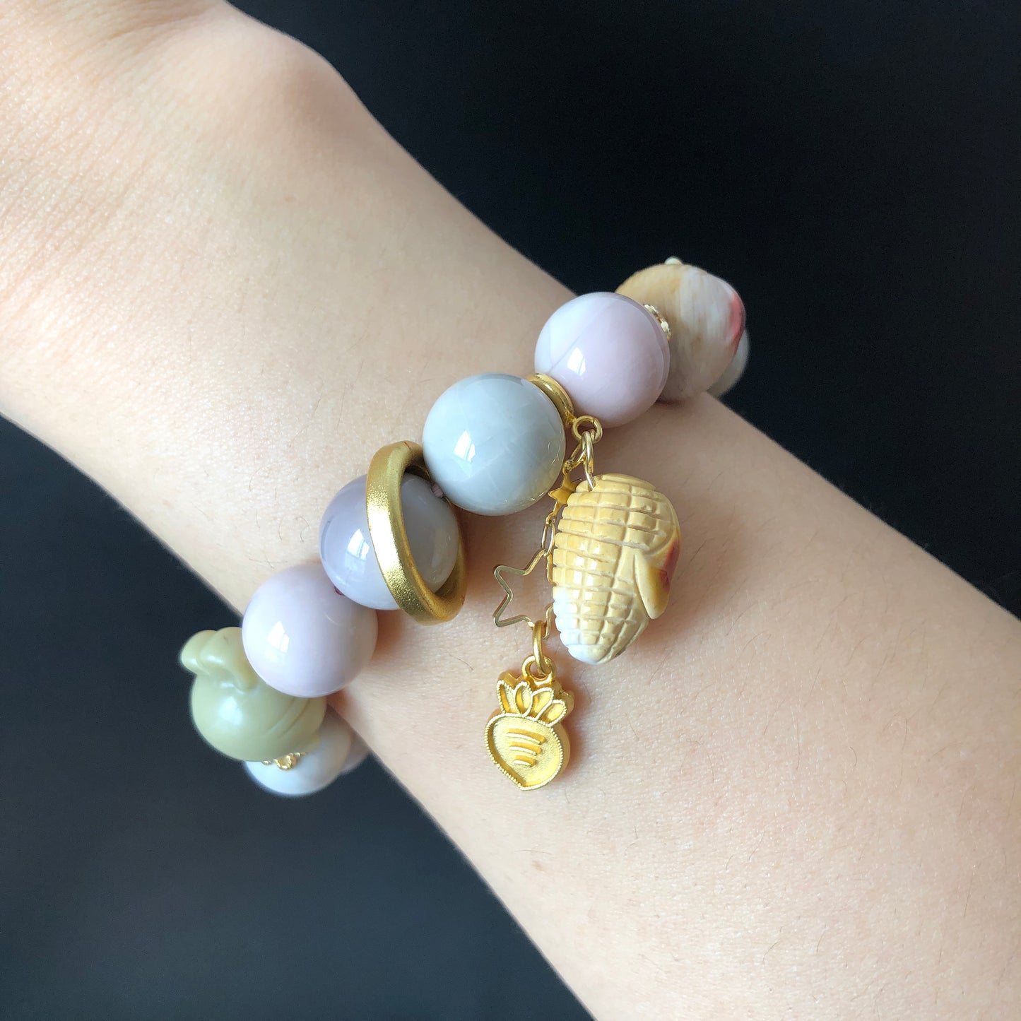 Alashan Agate Happy Farm with Duck Sheriff, Hen, Radish and Corn carved Charm Dangler Bracelet | Pastel Macaroon | tailor made crystal