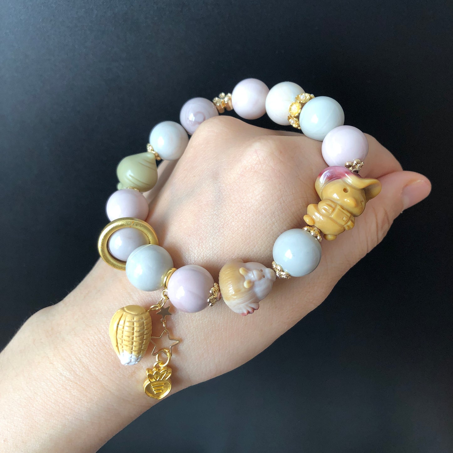 Alashan Agate Happy Farm with Duck Sheriff, Hen, Radish and Corn carved Charm Dangler Bracelet | Pastel Macaroon | tailor made crystal