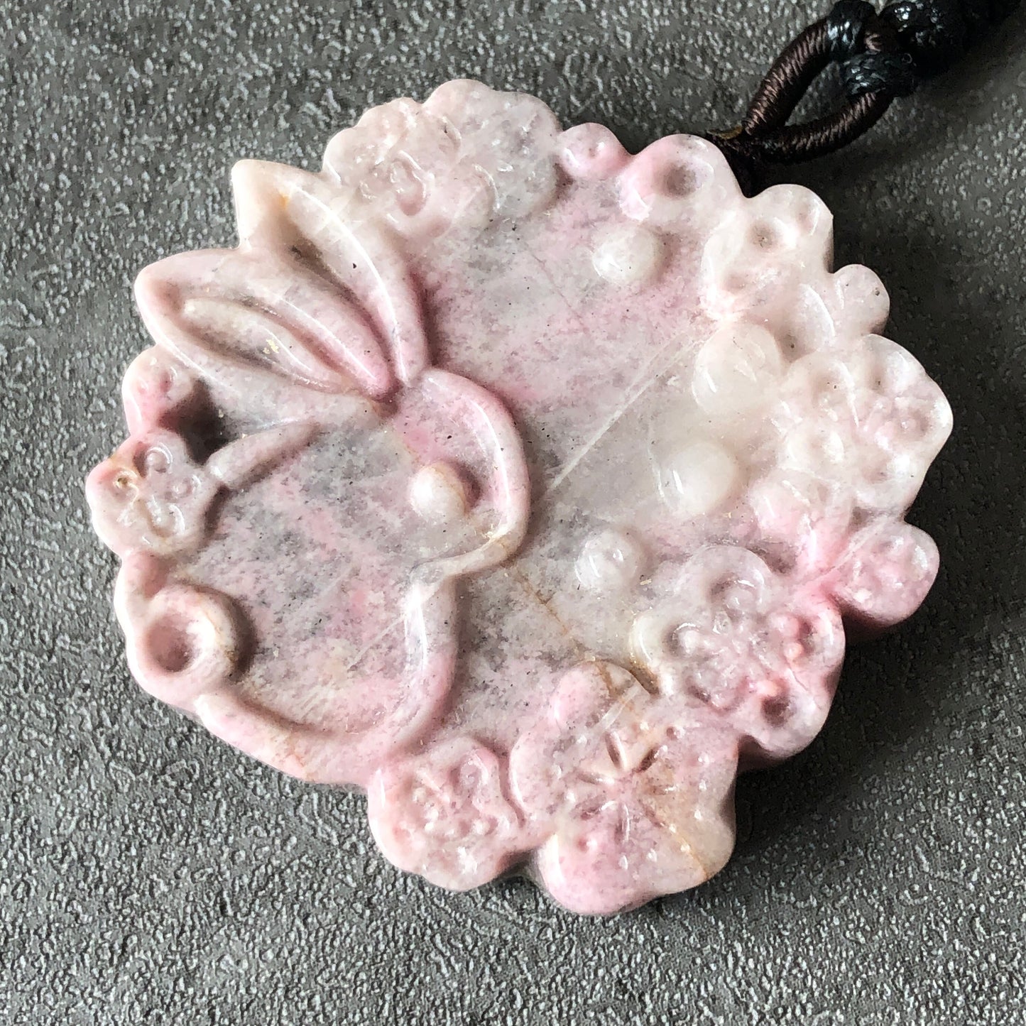 Natural Rhodonite Stone Carved Rabbit Bunny with Sakura Flower Crystal Pendant Charm | adjustable necklace | Milky Pink Greyish