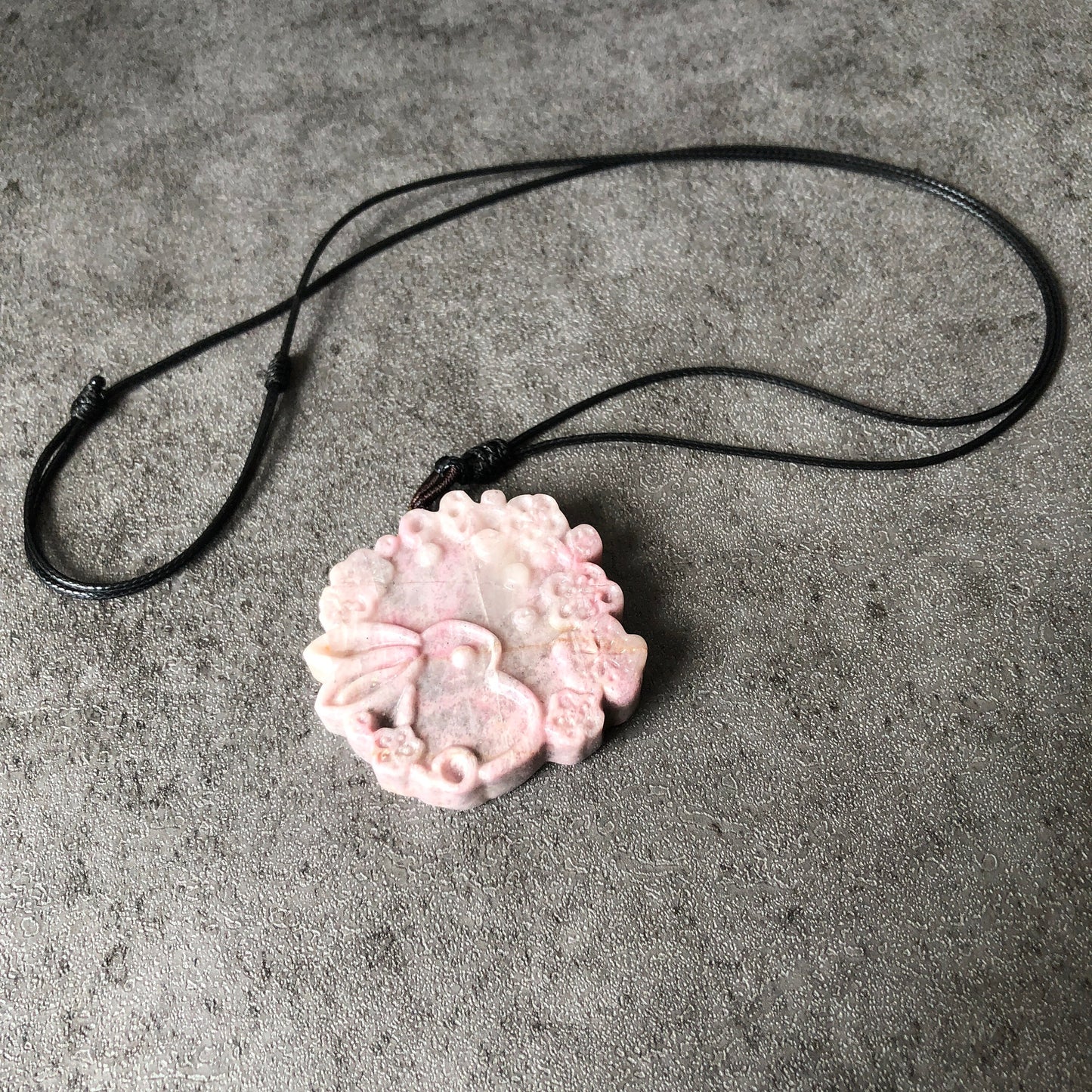 Natural Rhodonite Stone Carved Rabbit Bunny with Sakura Flower Crystal Pendant Charm | adjustable necklace | Milky Pink Greyish