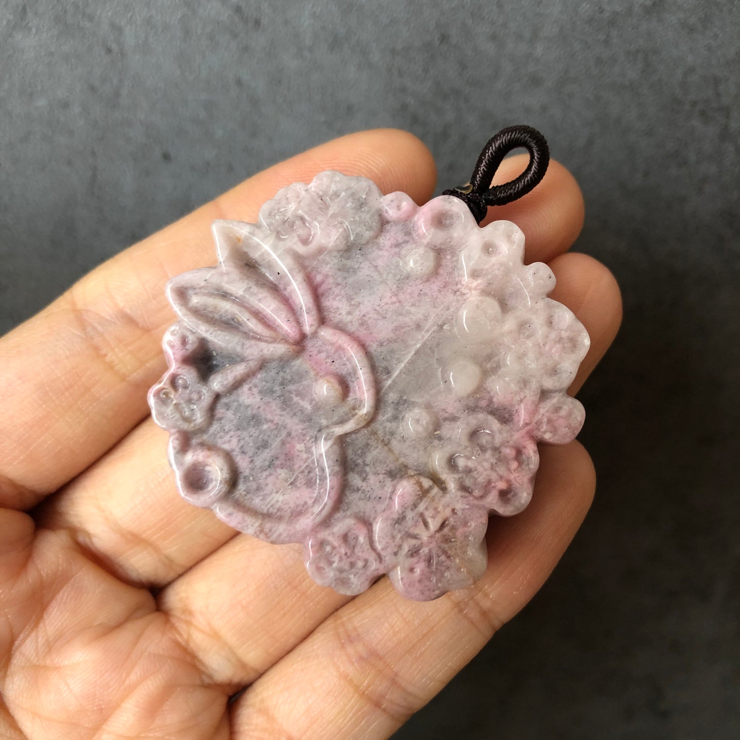 Natural Rhodonite Stone Carved Rabbit Bunny with Sakura Flower Crystal Pendant Charm | adjustable necklace | Milky Pink Greyish