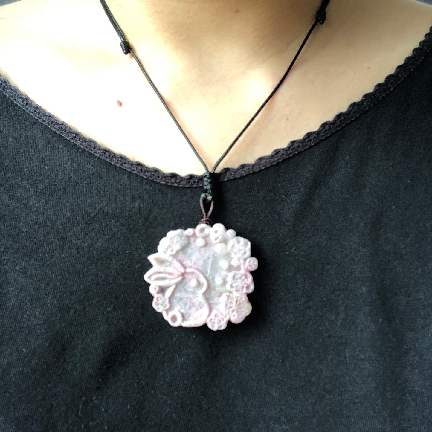 Natural Rhodonite Stone Carved Rabbit Bunny with Sakura Flower Crystal Pendant Charm | adjustable necklace | Milky Pink Greyish