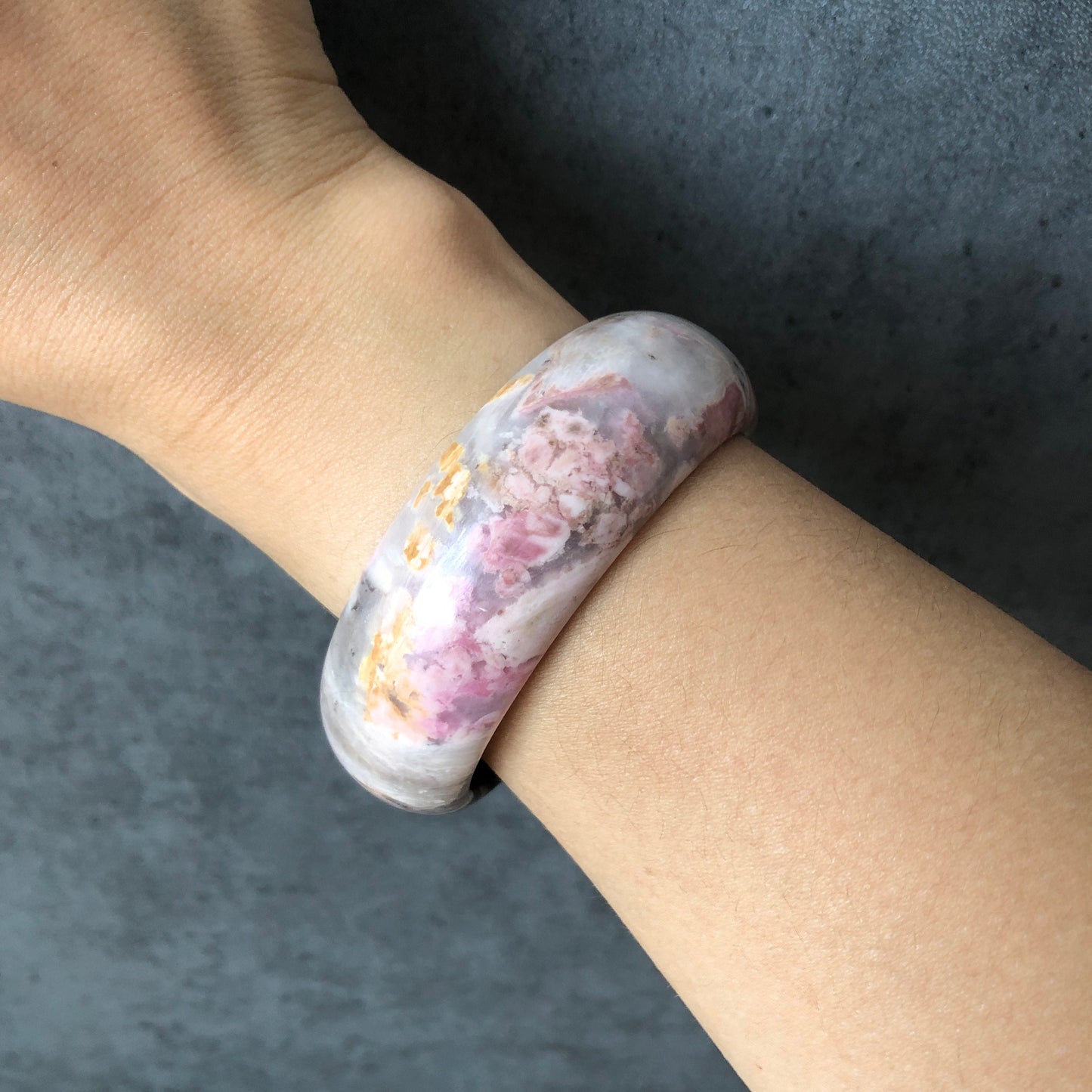 58.4mm Natural Rhodonite Bangle|Danqing Flowers | Pink and Gold Flowers | Icy and Translucent | Stone Bangle | Crystal Bangle
