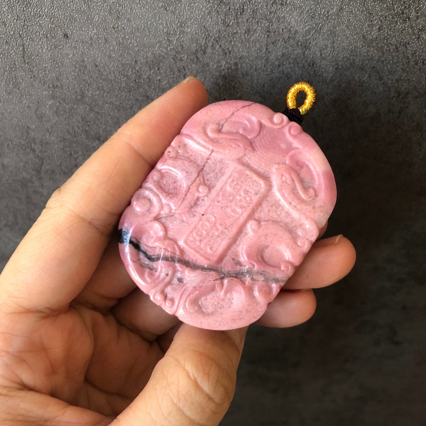 High Quality Natural Rhodonite Stone Carved Phoenix Chinese “招財” Bring Fortune Pendant Crystal Charm | adjustable necklace | Icy Pink