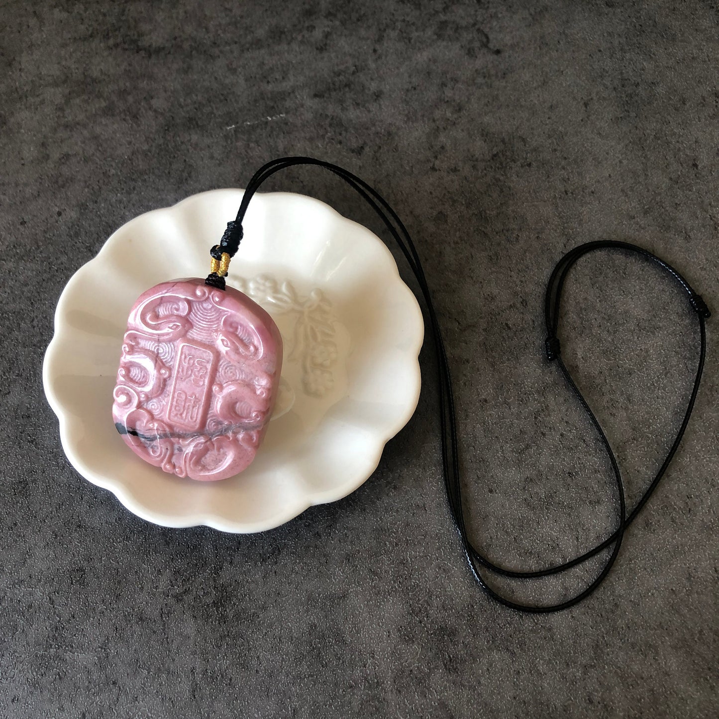 High Quality Natural Rhodonite Stone Carved Phoenix Chinese “招財” Bring Fortune Pendant Crystal Charm | adjustable necklace | Icy Pink
