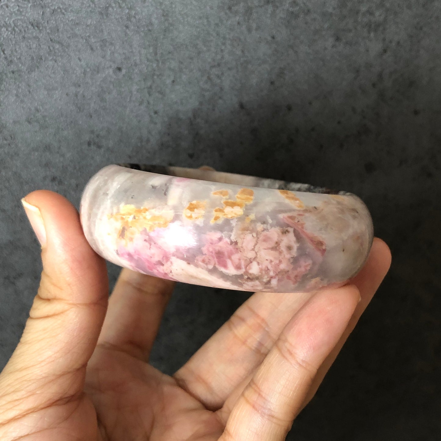 58.4mm Natural Rhodonite Bangle|Danqing Flowers | Pink and Gold Flowers | Icy and Translucent | Stone Bangle | Crystal Bangle