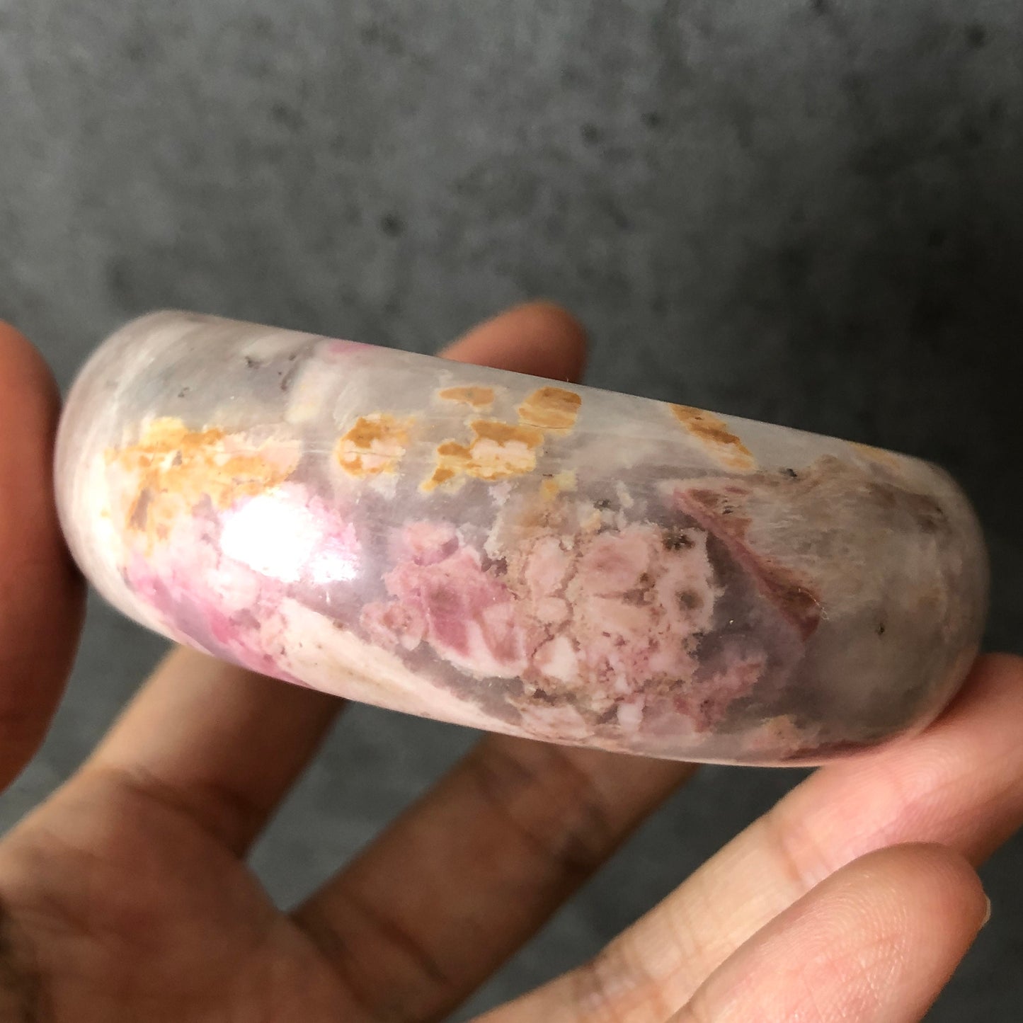 58.4mm Natural Rhodonite Bangle|Danqing Flowers | Pink and Gold Flowers | Icy and Translucent | Stone Bangle | Crystal Bangle