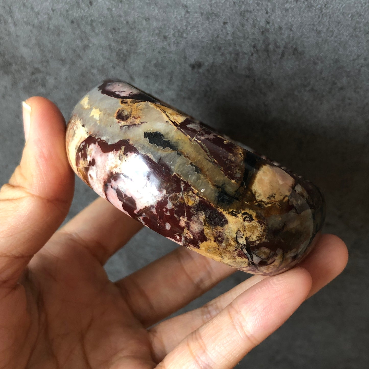 59.4mm Natural Rhodonite Stone Bangle Bracelet | Stunning Volcano | Brown Pink Leopard Print | Bold Crystal Gemstone Bangle | Healing Stone