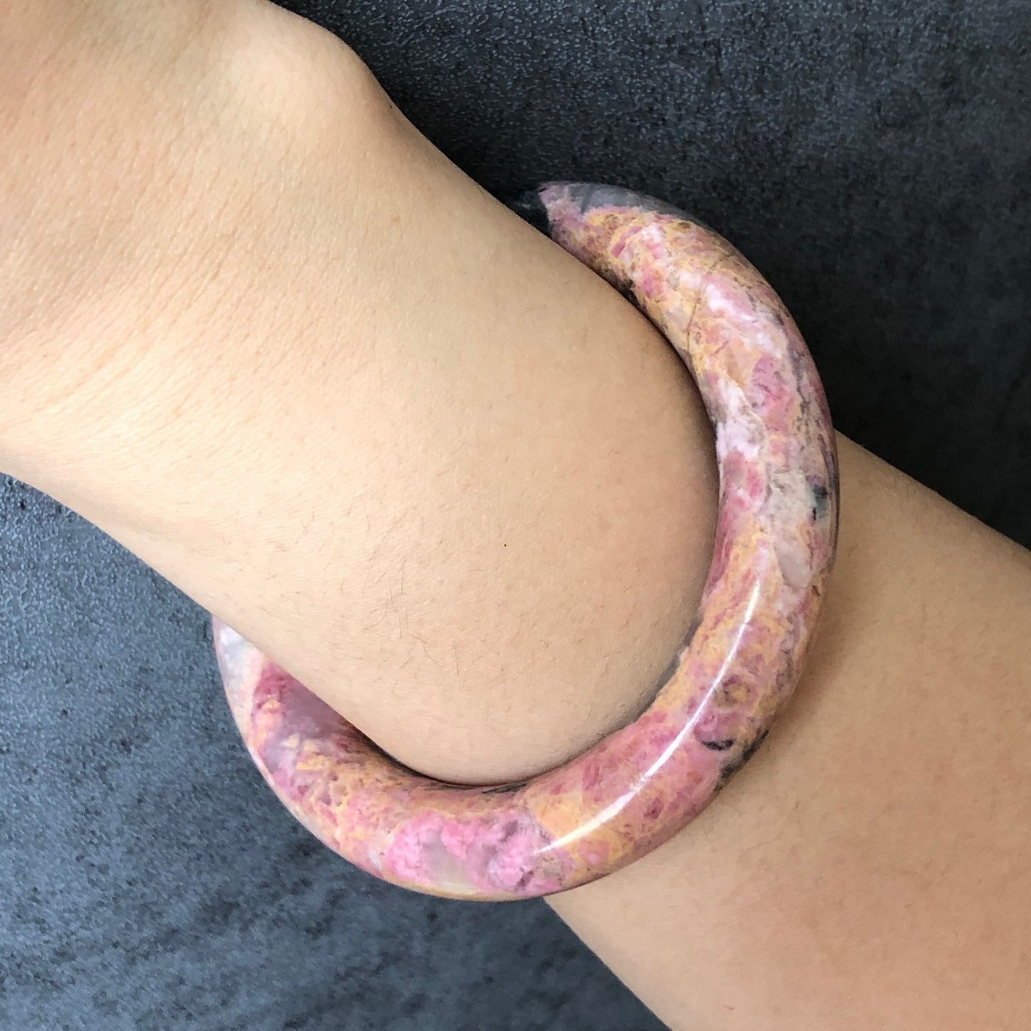 55.4mm Natural Rhodonite Stone Bangle Bracelet | Pink Casino | Pink & Gold with Black Ink | Crystal Gemstone Bangle | Healing Stone For Her