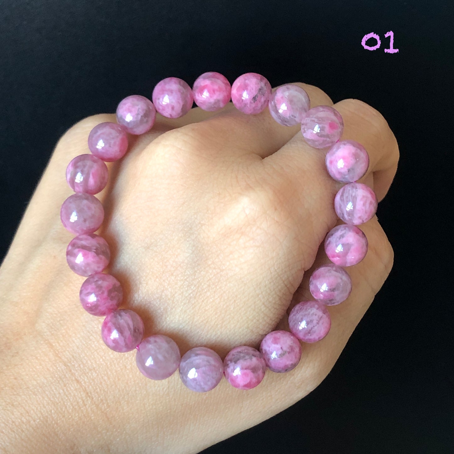 Natural Icy Night Sakura Rain Rhodonite Bracelet | Cherry Plum Blossom | Dark Mysterious Night Sakura |Black Pink Laces |Stone Crystal