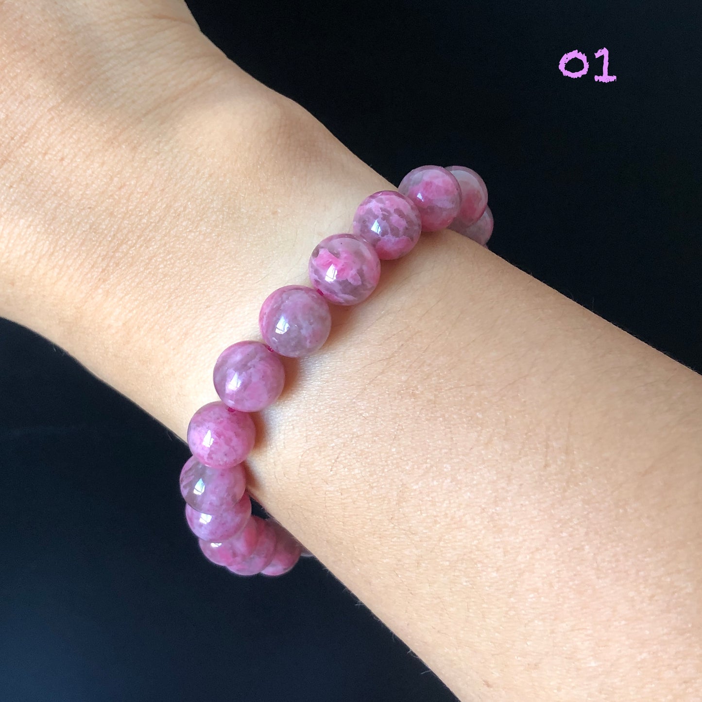 Natural Icy Night Sakura Rain Rhodonite Bracelet | Cherry Plum Blossom | Dark Mysterious Night Sakura |Black Pink Laces |Stone Crystal