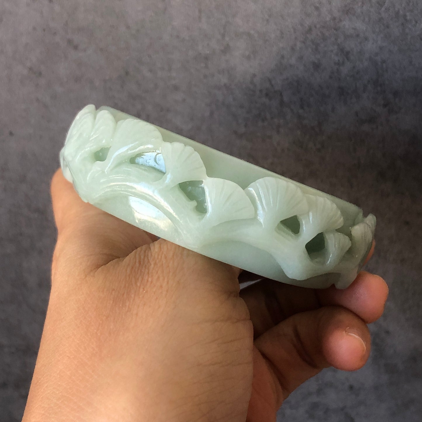 54.5mm Natural Quartzite (She Taicui jade) Hand Carved Deer Pine Cloud Stone Crystal Bangle Bracelet | Milky Green | Cute & Sweet