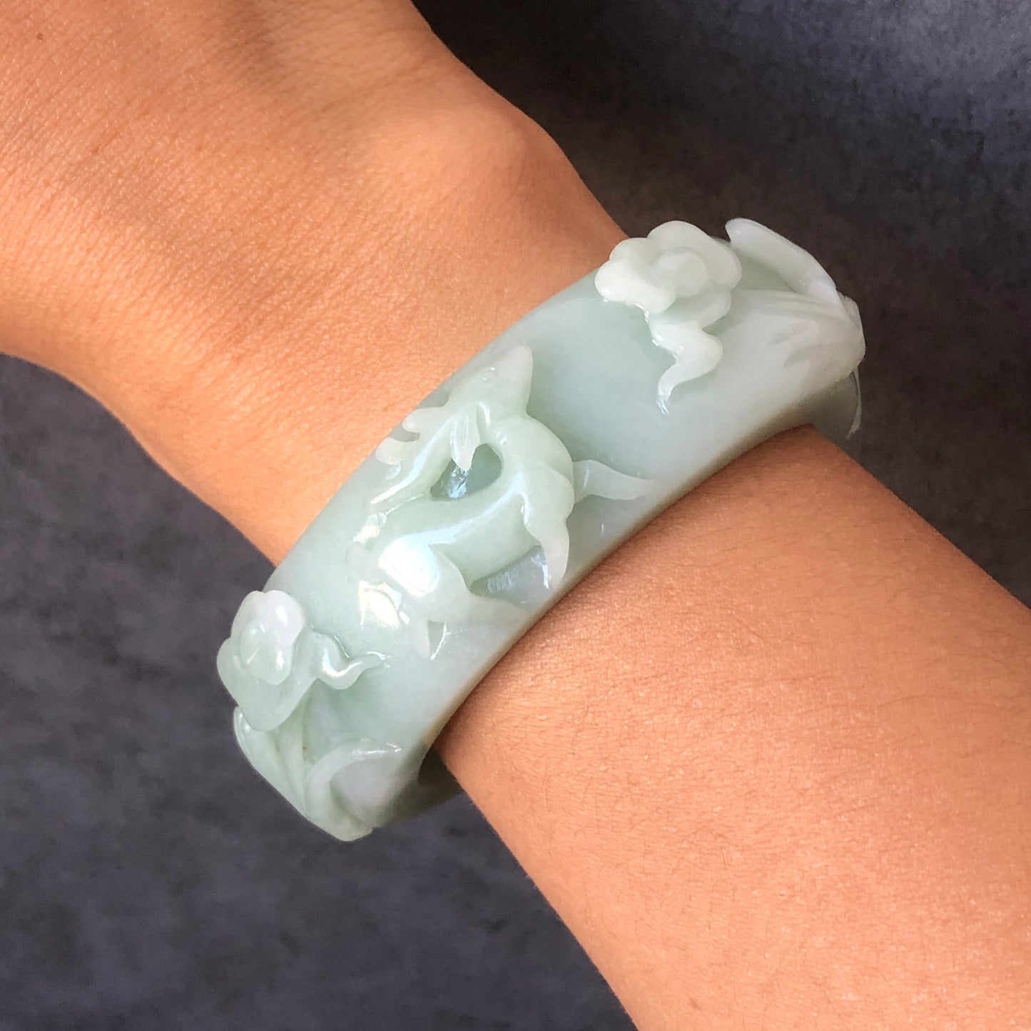 54.5mm Natural Quartzite (She Taicui jade) Hand Carved Deer Pine Cloud Stone Crystal Bangle Bracelet | Milky Green | Cute & Sweet