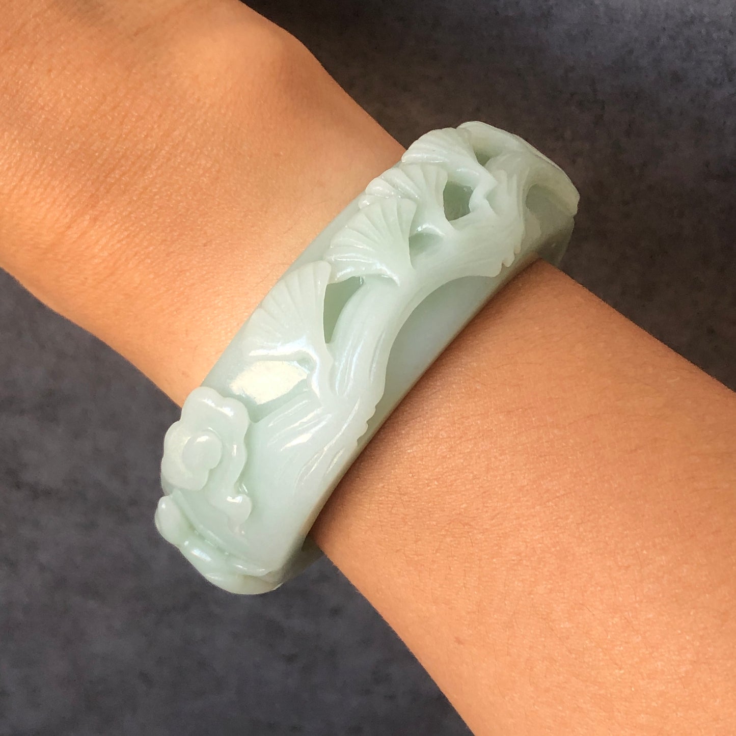 54.5mm Natural Quartzite (She Taicui jade) Hand Carved Deer Pine Cloud Stone Crystal Bangle Bracelet | Milky Green | Cute & Sweet