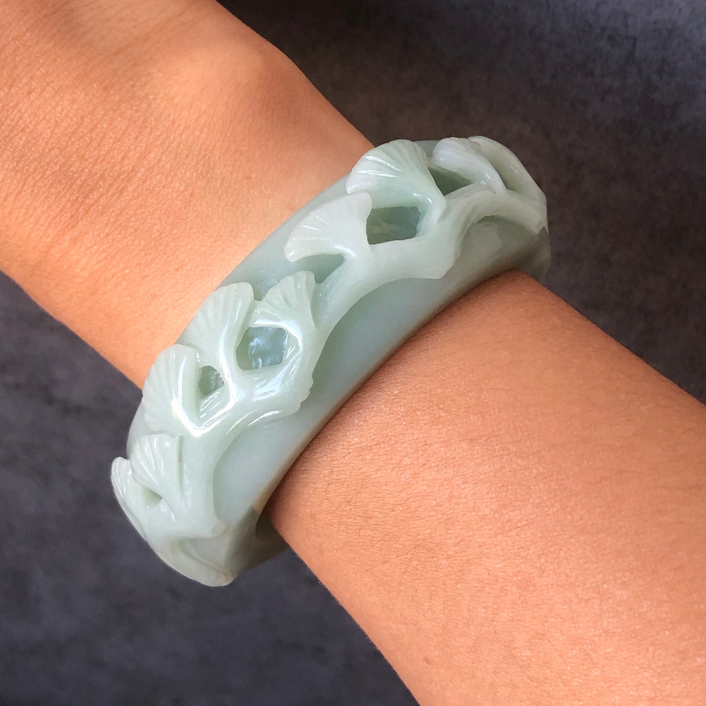 54.5mm Natural Quartzite (She Taicui jade) Hand Carved Deer Pine Cloud Stone Crystal Bangle Bracelet | Milky Green | Cute & Sweet
