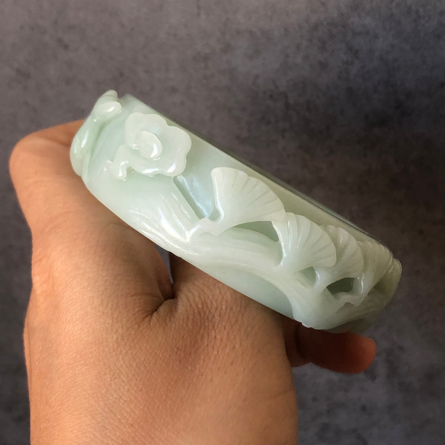 54.5mm Natural Quartzite (She Taicui jade) Hand Carved Deer Pine Cloud Stone Crystal Bangle Bracelet | Milky Green | Cute & Sweet