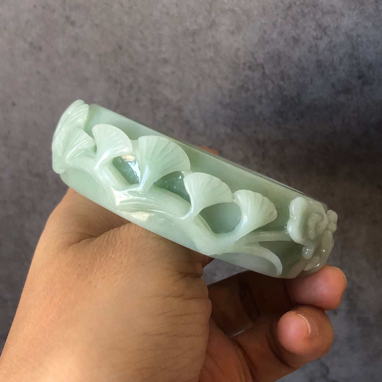 54.5mm Natural Quartzite (She Taicui jade) Hand Carved Deer Pine Cloud Stone Crystal Bangle Bracelet | Milky Green | Cute & Sweet