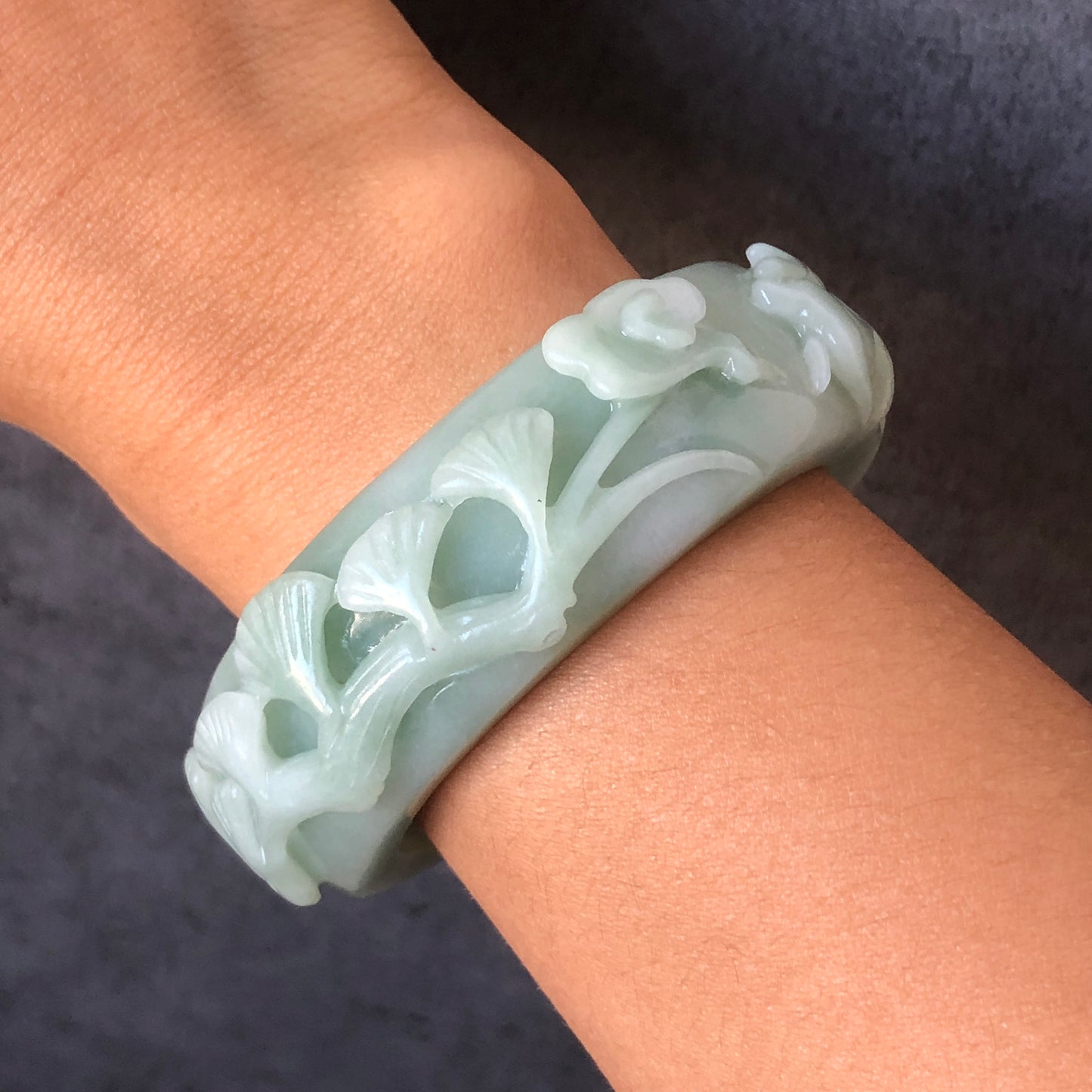 54.5mm Natural Quartzite (She Taicui jade) Hand Carved Deer Pine Cloud Stone Crystal Bangle Bracelet | Milky Green | Cute & Sweet