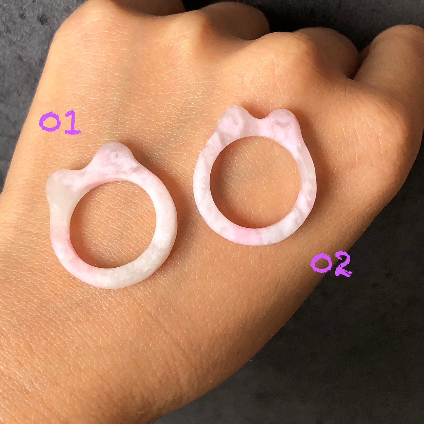 Natural She Taicui Jade (Quartzite) Carved Kitten Cat Ears Pink Crystal Ring | White Snow Flake | 17mm+ (US 7-7.5) | Icy Translucent