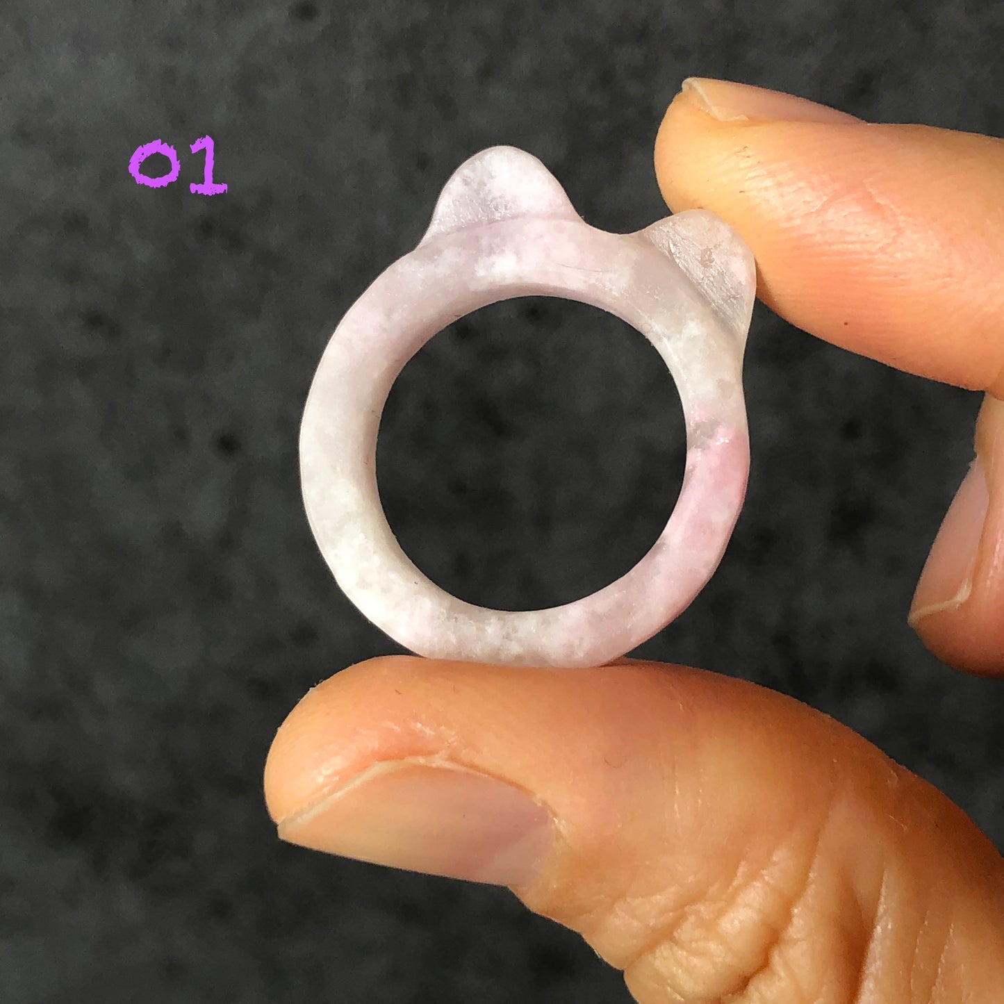 Natural She Taicui Jade (Quartzite) Carved Kitten Cat Ears Pink Crystal Ring | White Snow Flake | 17mm+ (US 7-7.5) | Icy Translucent