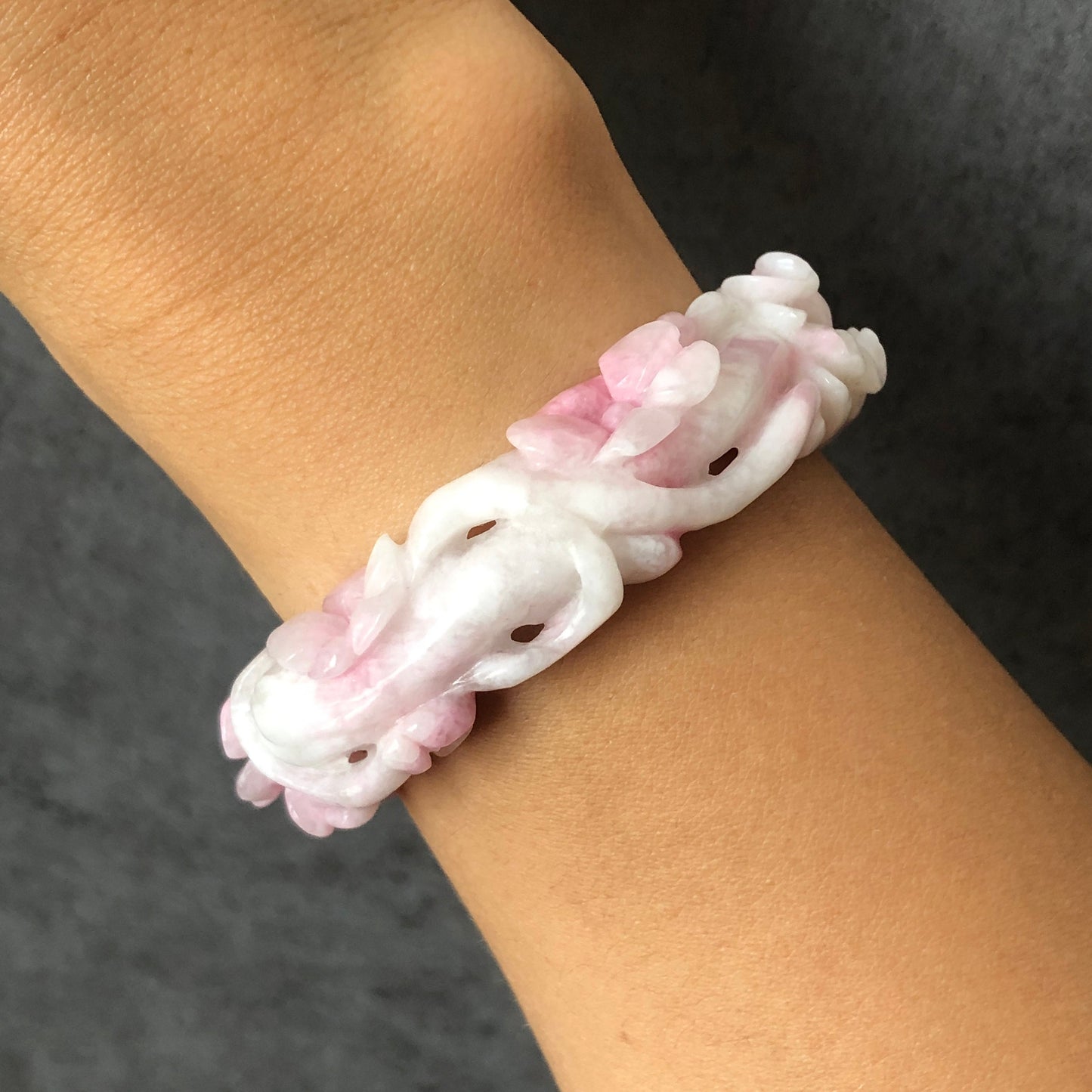 53.6mm Natural SheTaiCui Jade (Quartzite) Hand Carved Peony Flowers Crystal Bangle Bracelet | Gemstone Jewellery | Icy Milky Pink | Snowy