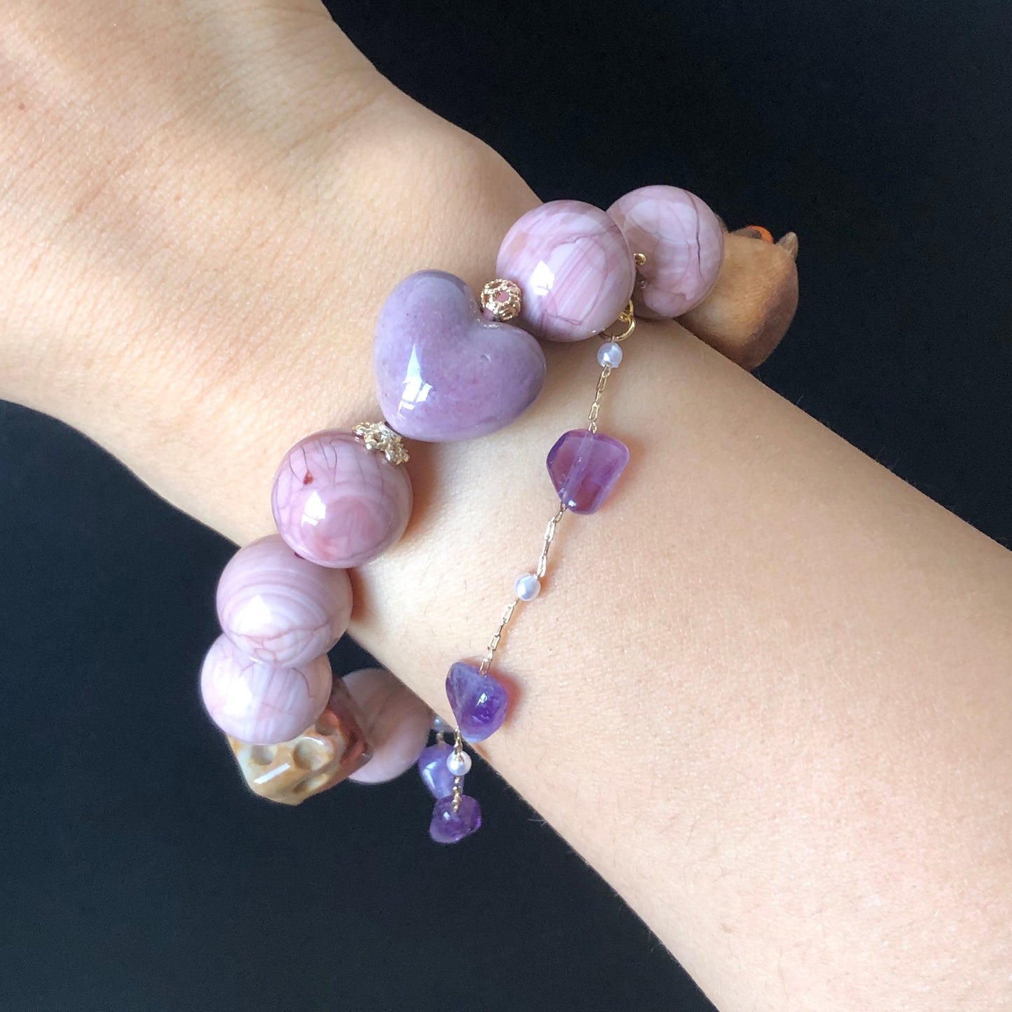 Alashan Agate Bead with Hamster Deer Antlers Charm 2 way Crystal Bracelet | Amethyst Chain | Lavender Purple Shattered Pattern | custom made