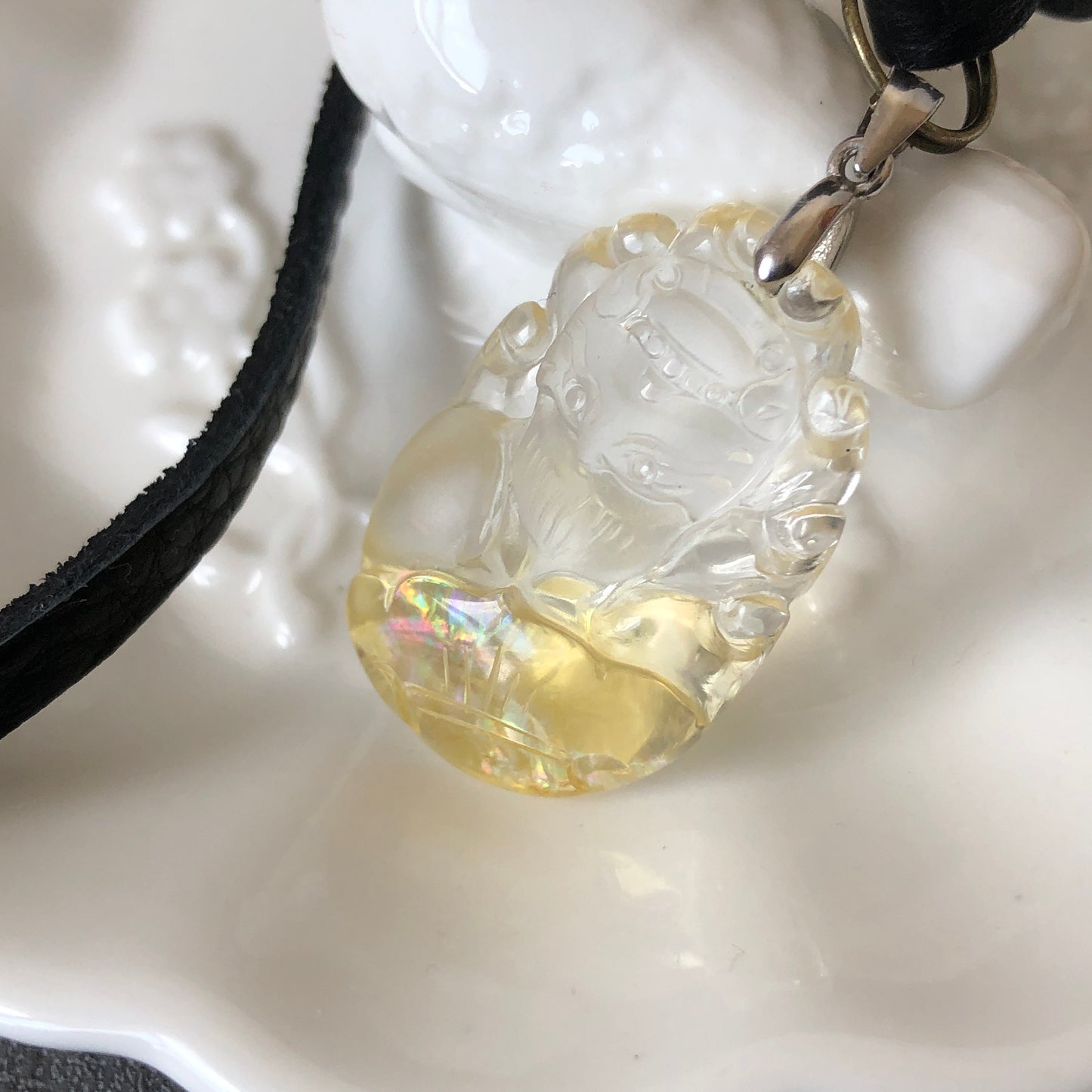 High Quality Natural Yellow Hematoid Quartz Crystal with Rainbow Hand Carved Nine-tailed Fox Pendant | Ruyi Charm | Adjustable Necklace
