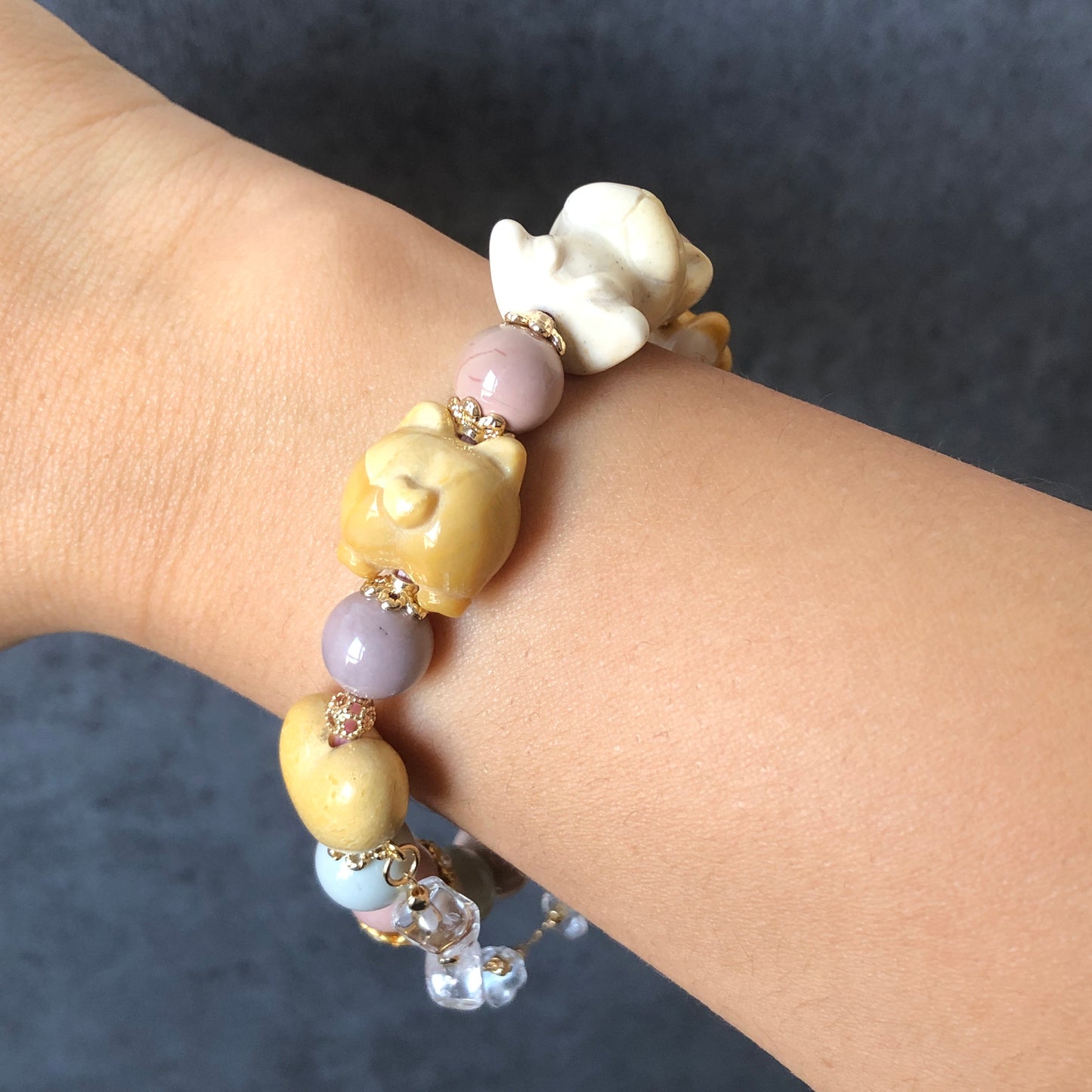 Alashan Agate carved Dog French Bulldog, Corgi Butt with Heart & Bone Bead Crystal Gemstone Bracelet | Milky Macaron | custom made gift