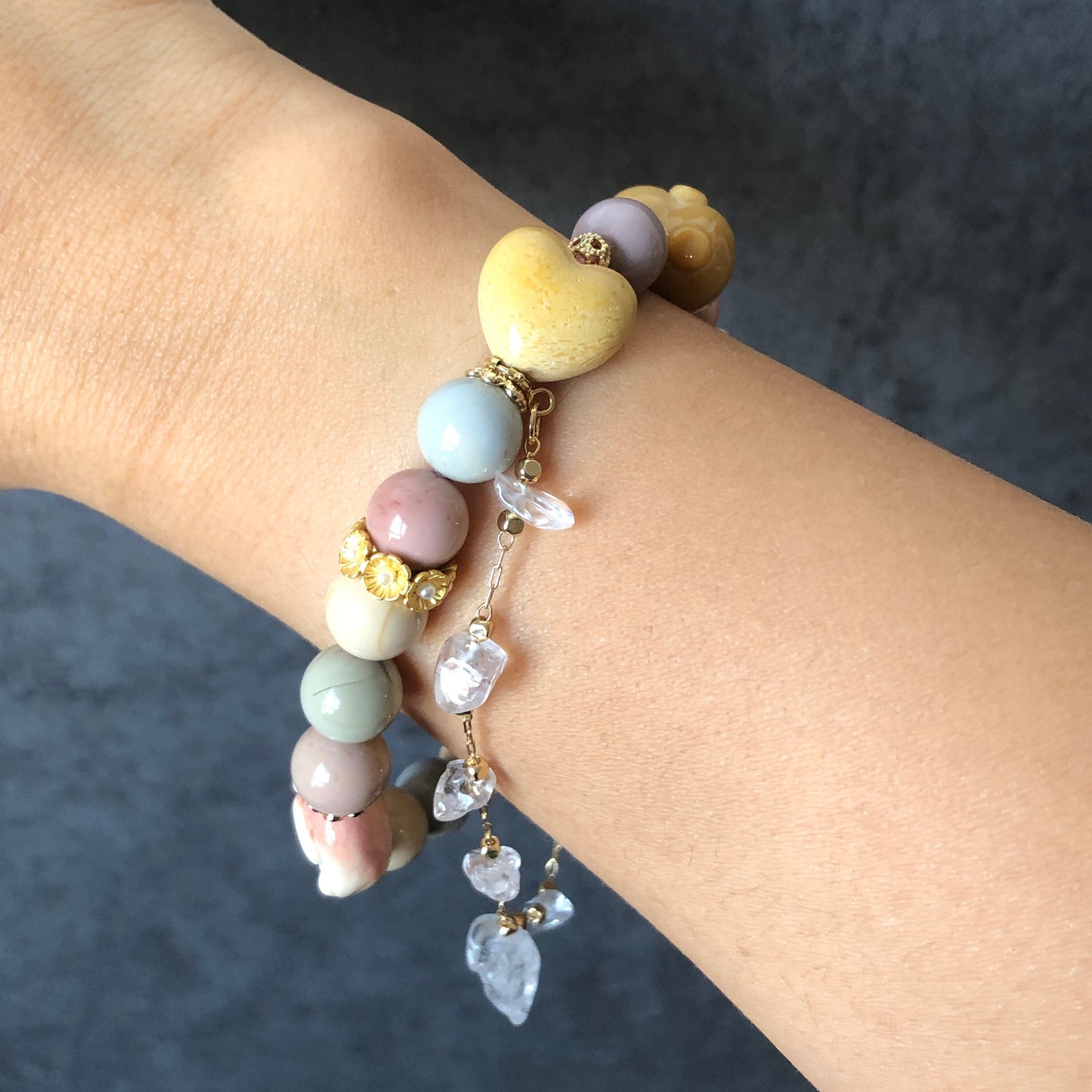 Alashan Agate carved Dog French Bulldog, Corgi Butt with Heart & Bone Bead Crystal Gemstone Bracelet | Milky Macaron | custom made gift