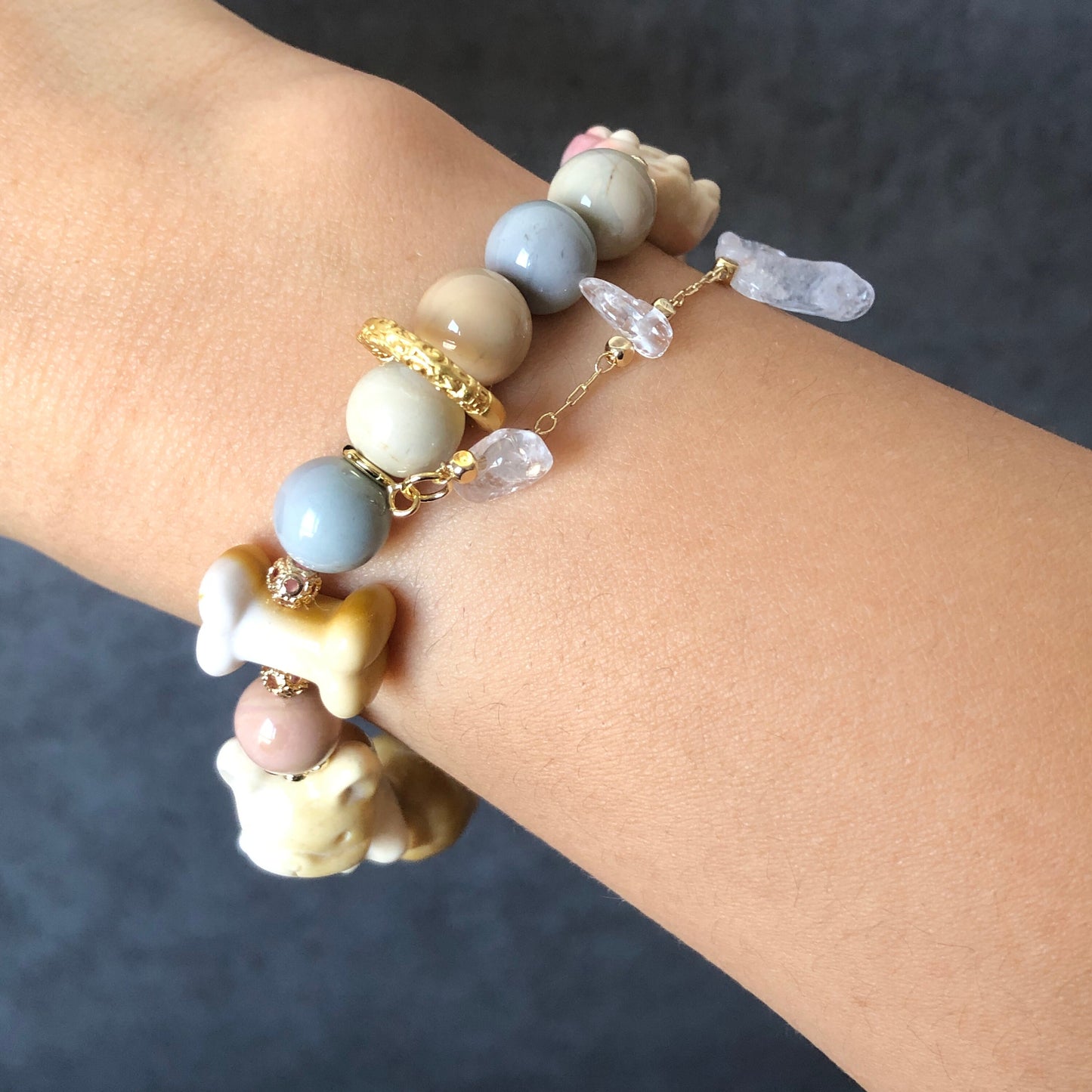 Alashan Agate carved Dog French Bulldog, Corgi Butt with Heart & Bone Bead Crystal Gemstone Bracelet | Milky Macaron | custom made gift