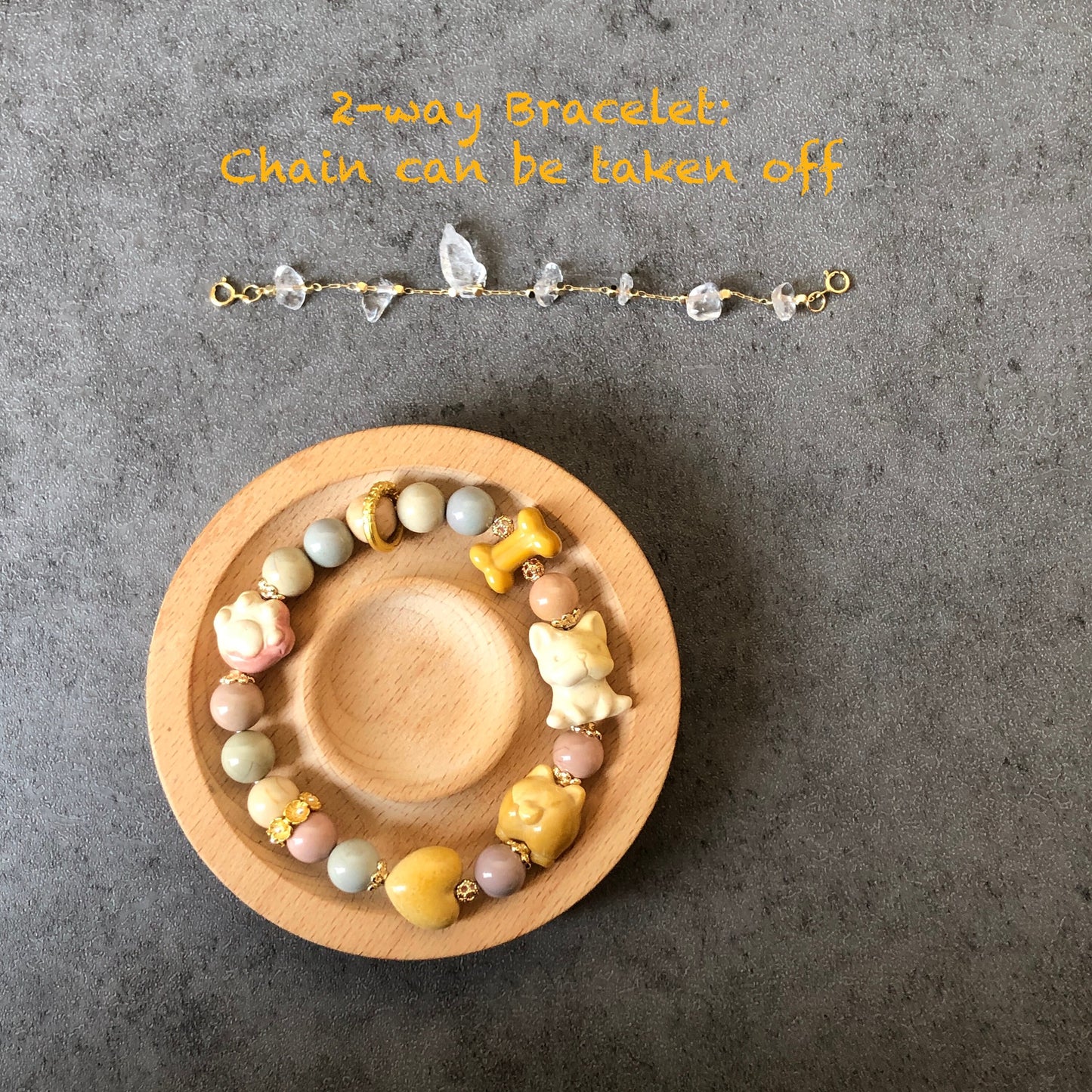 Alashan Agate carved Dog French Bulldog, Corgi Butt with Heart & Bone Bead Crystal Gemstone Bracelet | Milky Macaron | custom made gift