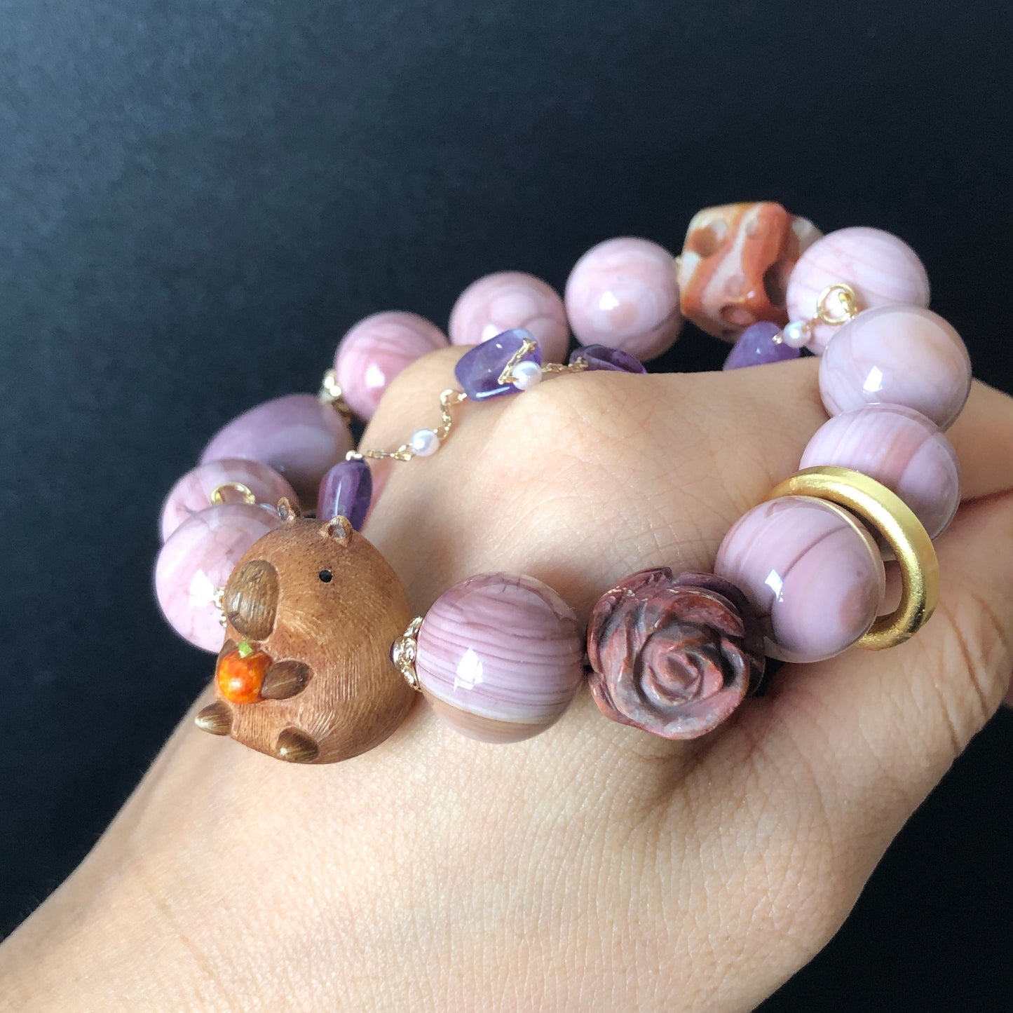 Alashan Agate Bead with Hamster Deer Antlers Charm 2 way Crystal Bracelet | Amethyst Chain | Lavender Purple Shattered Pattern | custom made