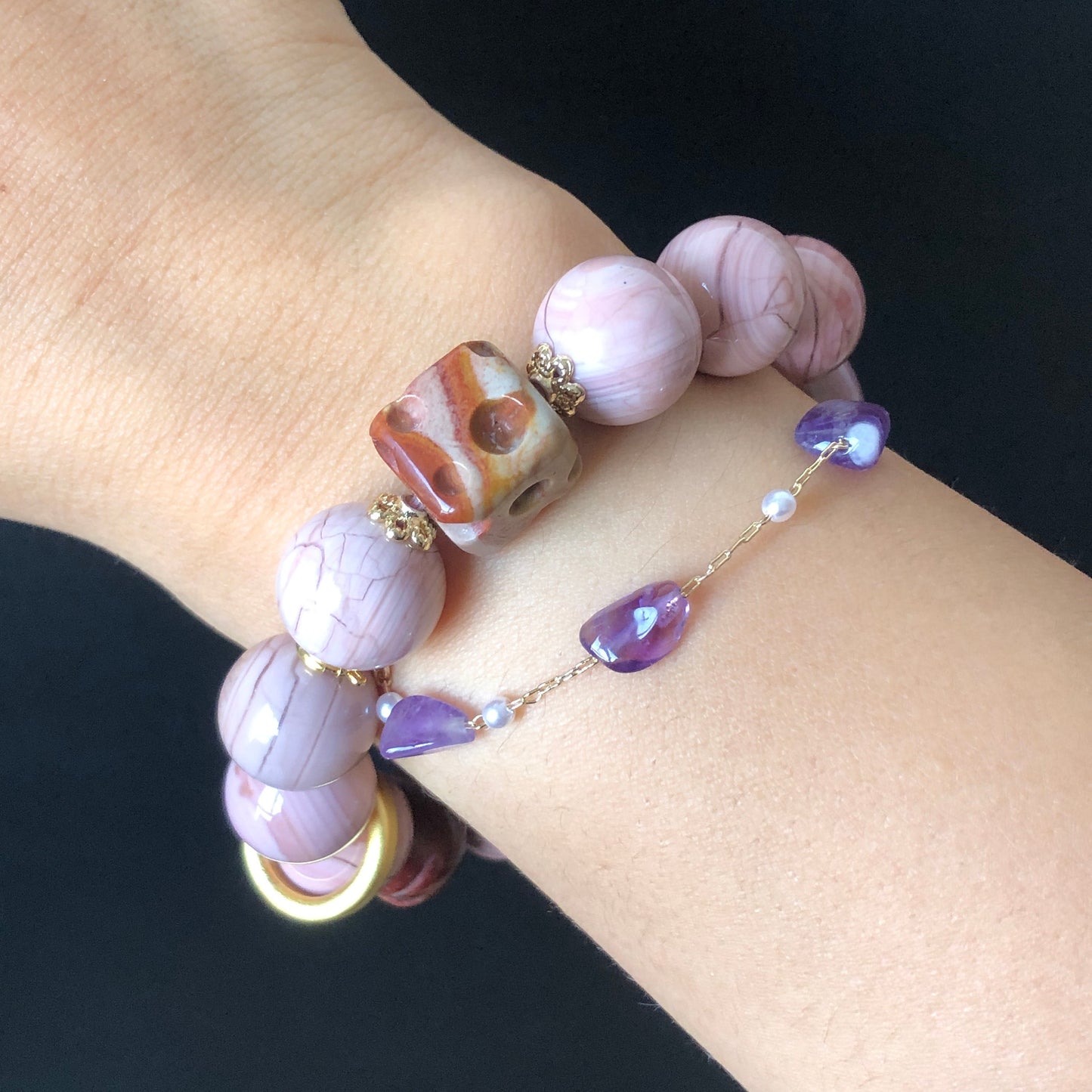 Alashan Agate Bead with Hamster Deer Antlers Charm 2 way Crystal Bracelet | Amethyst Chain | Lavender Purple Shattered Pattern | custom made