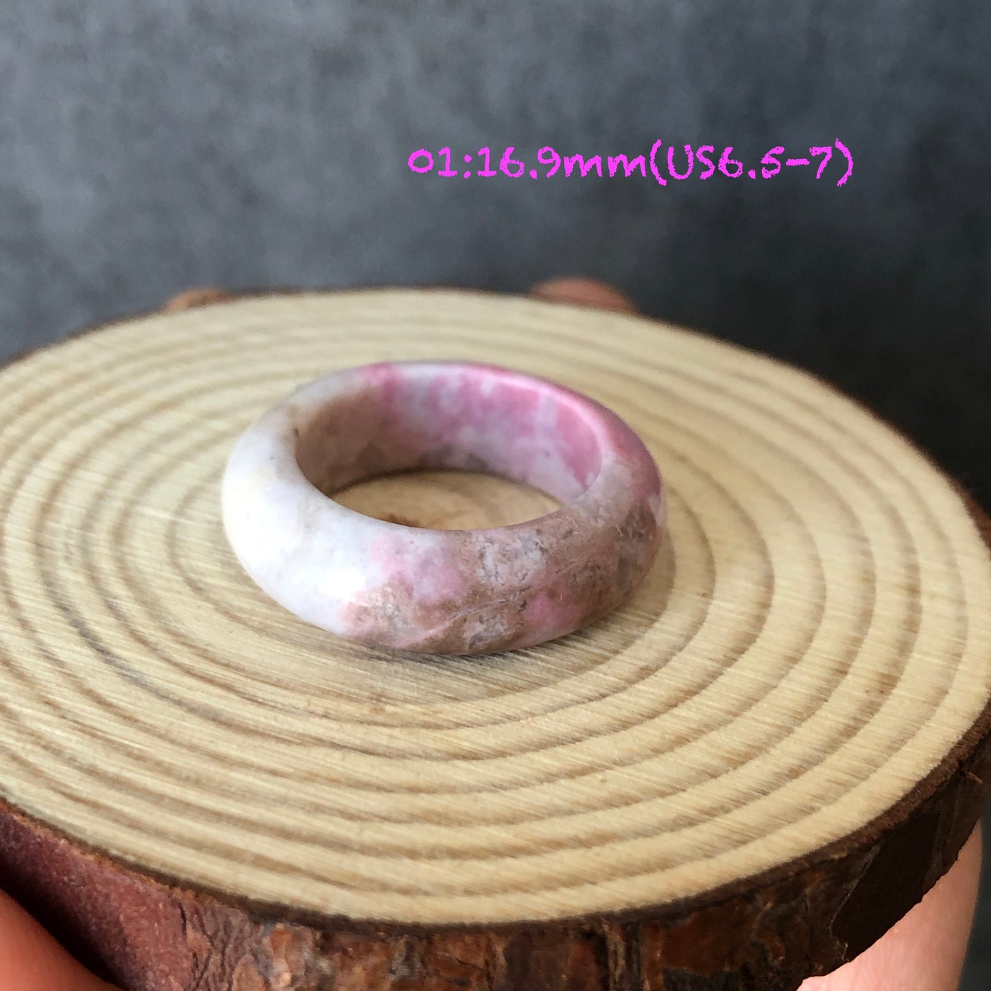 Natural Rhodonite Stone Crystal Ring | 16.9-17.3mm+ | US 6.5-7.5 | Pink with Brown, white and Black | The Heart Chakra Healing Gemstone