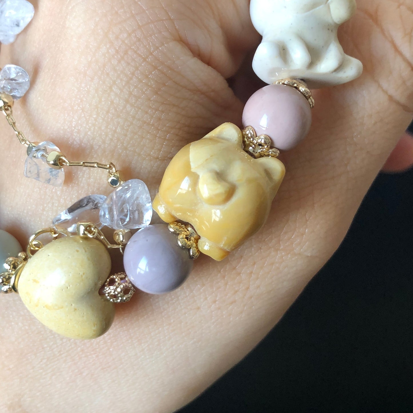 Alashan Agate carved Dog French Bulldog, Corgi Butt with Heart & Bone Bead Crystal Gemstone Bracelet | Milky Macaron | custom made gift
