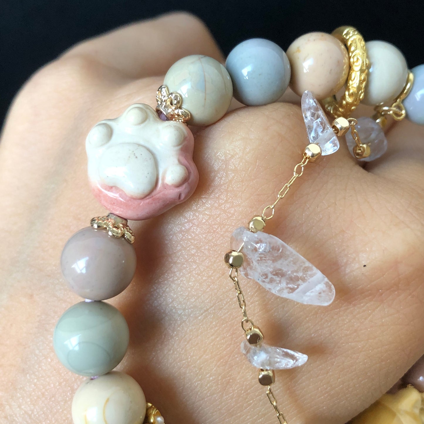 Alashan Agate carved Dog French Bulldog, Corgi Butt with Heart & Bone Bead Crystal Gemstone Bracelet | Milky Macaron | custom made gift