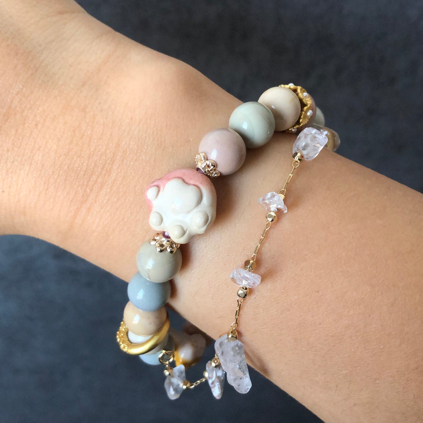 Alashan Agate carved Dog French Bulldog, Corgi Butt with Heart & Bone Bead Crystal Gemstone Bracelet | Milky Macaron | custom made gift