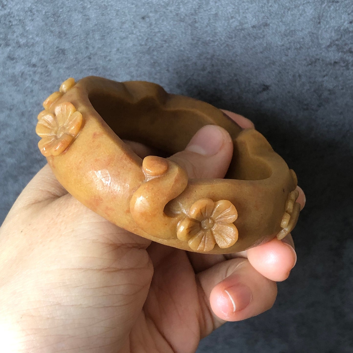 54.5mm Natural SheTaiCui Jade (Quartzite) Hand Carved Cat Ear Bangle Bracelet| Caramel Coffee Colour | Kitten Tail & Paw | Cat Lover Gift