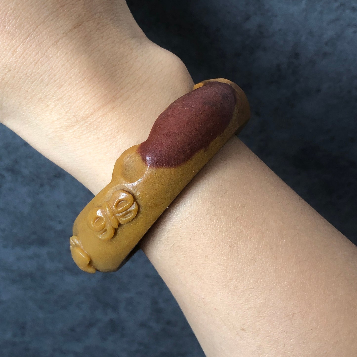 54.5mm Natural SheTaiCui Jade (Quartzite) Hand Carved Cat Ear Bangle Bracelet| Caramel Coffee Colour | Kitten Tail & Paw | Cat Lover Gift