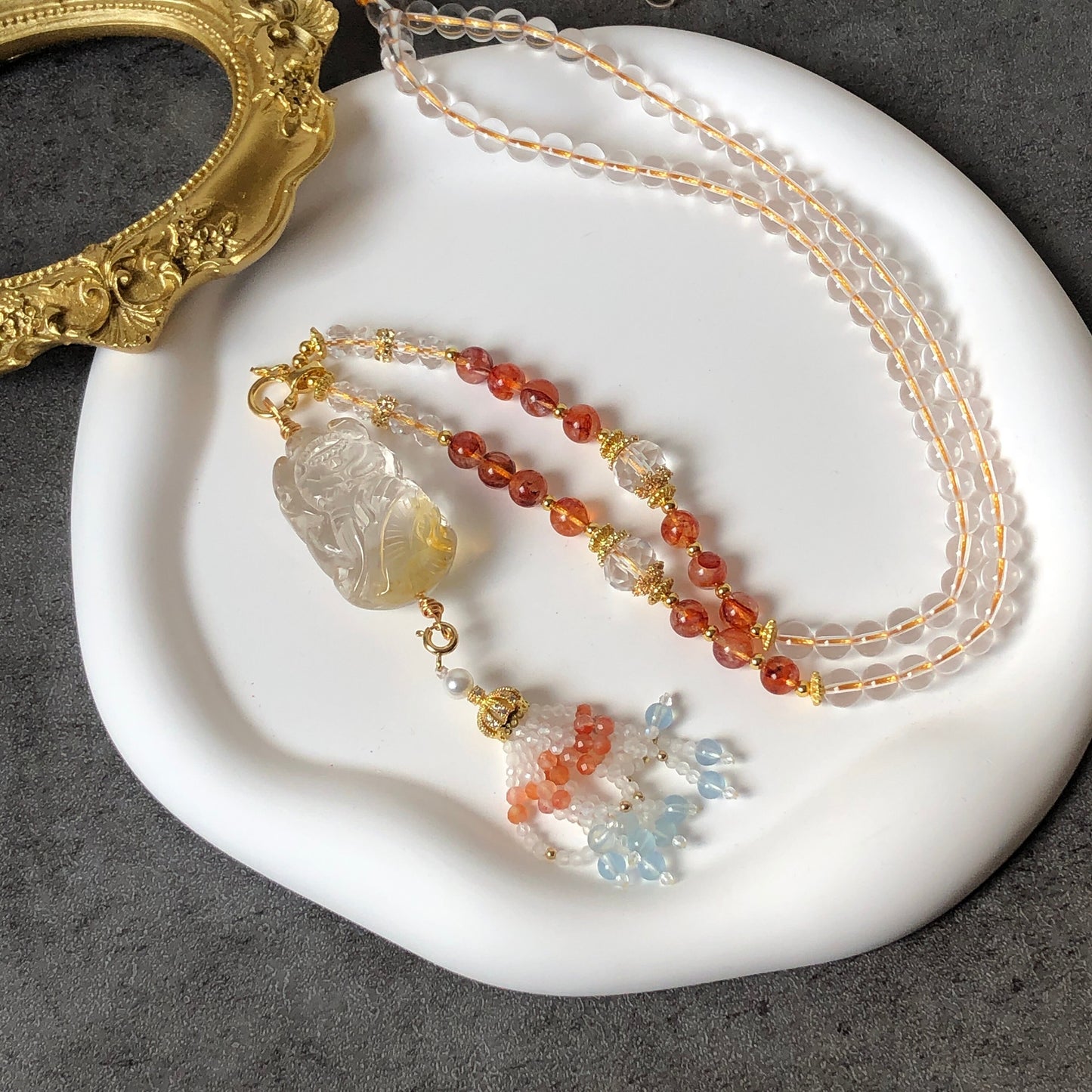 High Quality Natural Rainbow Yellow Hematoid Quartz Crystal Hand Carved Nine-tailed Fox Pendant | Aquamarine Pearl Tassel | Necklace Chain