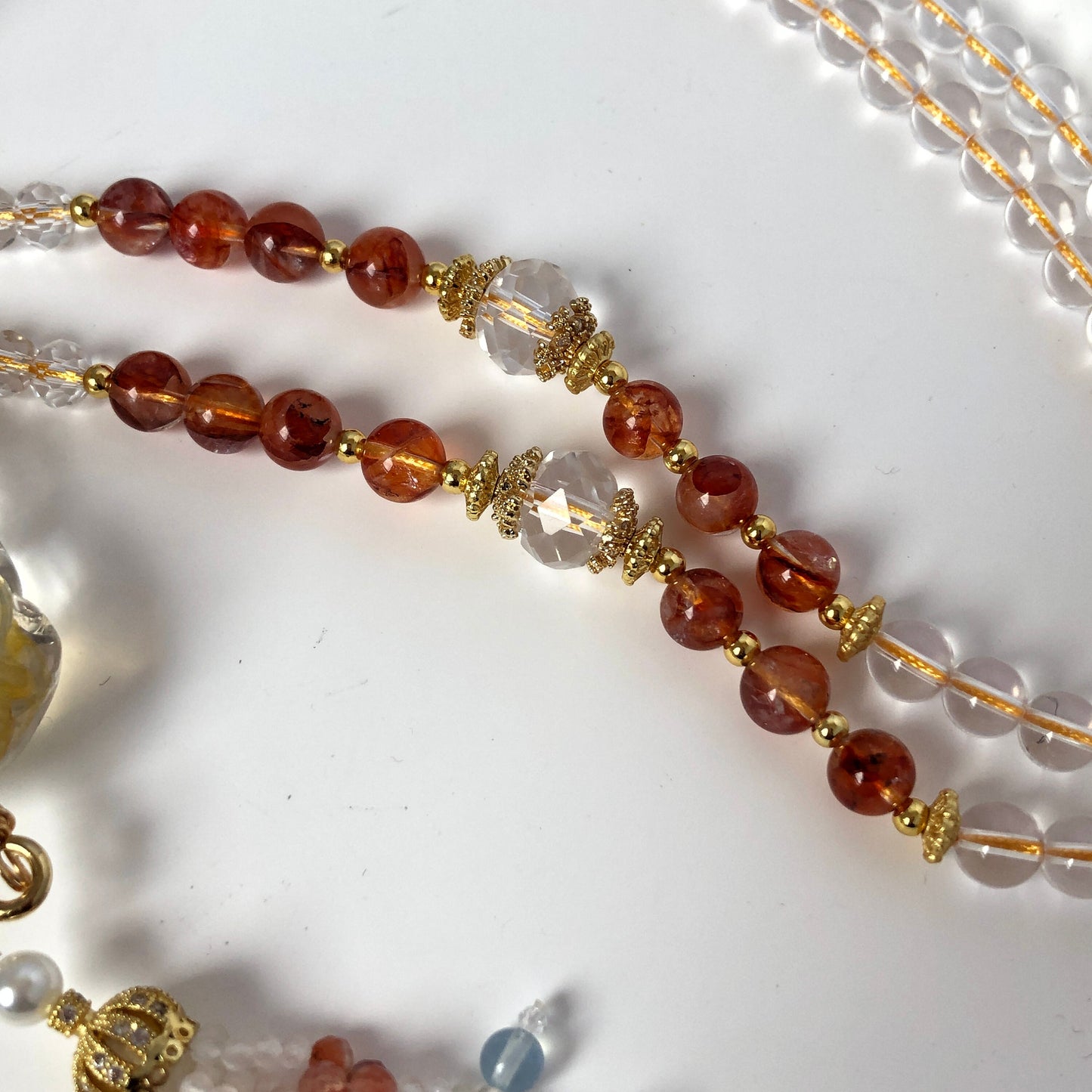 High Quality Natural Rainbow Yellow Hematoid Quartz Crystal Hand Carved Nine-tailed Fox Pendant | Aquamarine Pearl Tassel | Necklace Chain