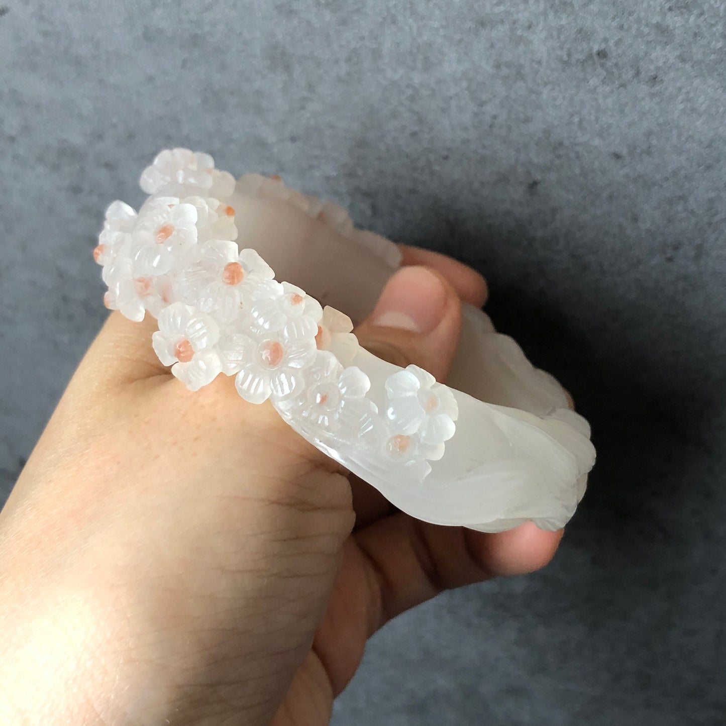 52.3mm Custom Size Natural SheTaiCui Jade (Quartzite) Hand Carved Nine-tailed Fox Flower Stone Crystal Bangle | Coral Pink Dots | Icy Milky