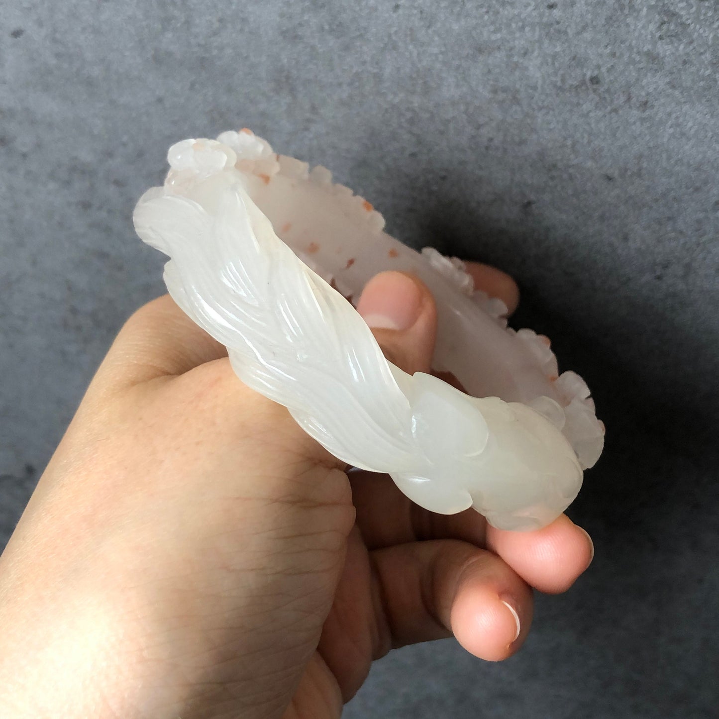 52.3mm Custom Size Natural SheTaiCui Jade (Quartzite) Hand Carved Nine-tailed Fox Flower Stone Crystal Bangle | Coral Pink Dots | Icy Milky