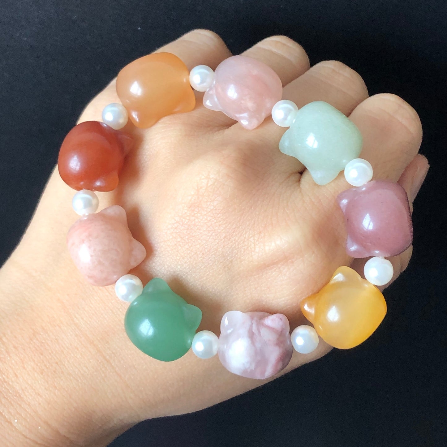 Natural SheTaicui Jade (Quartzite) carved icy Cat charms crystal Bracelet | Rainbow colour | Sweet & Cute | Cat lovers | Personalized Gift