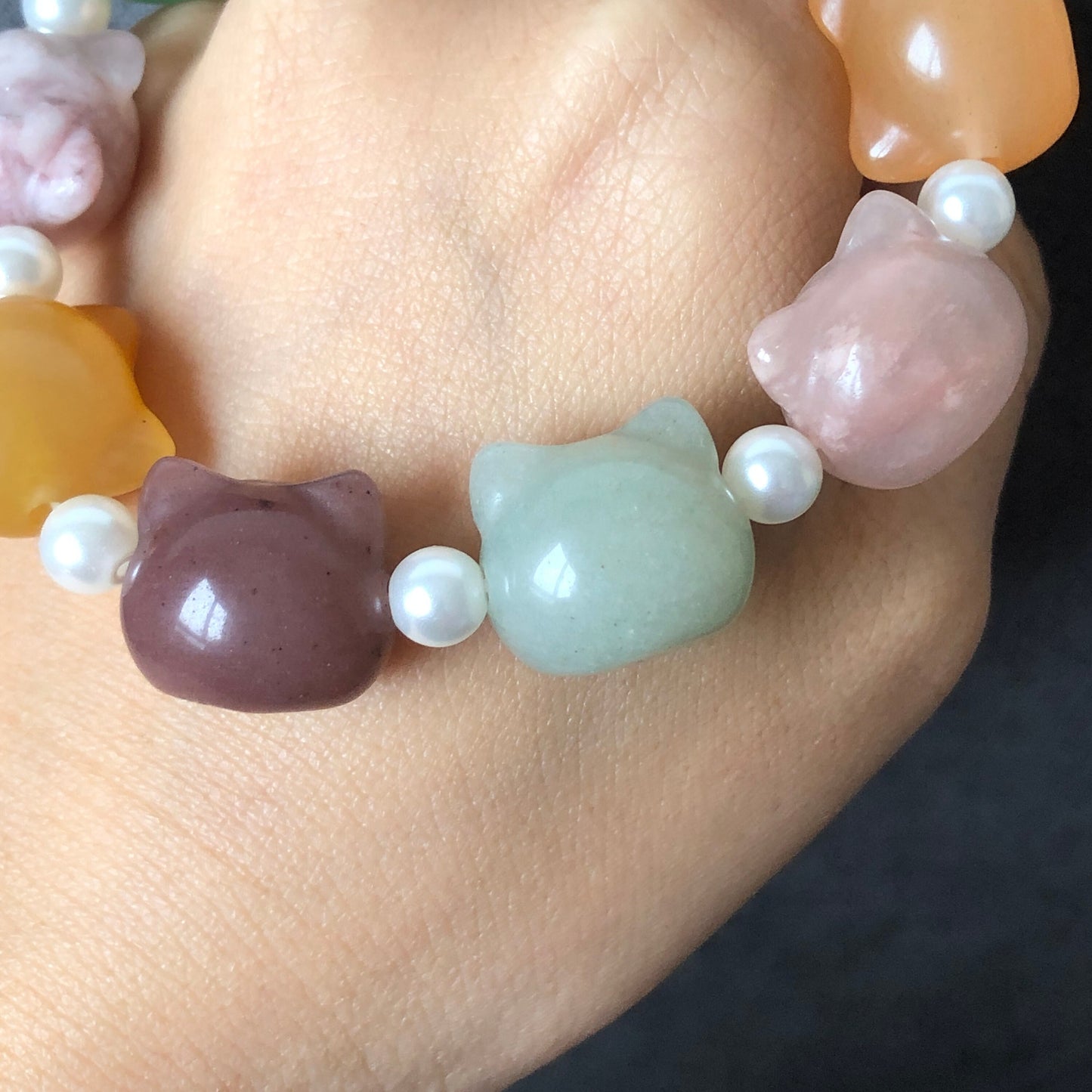 Natural SheTaicui Jade (Quartzite) carved icy Cat charms crystal Bracelet | Rainbow colour | Sweet & Cute | Cat lovers | Personalized Gift