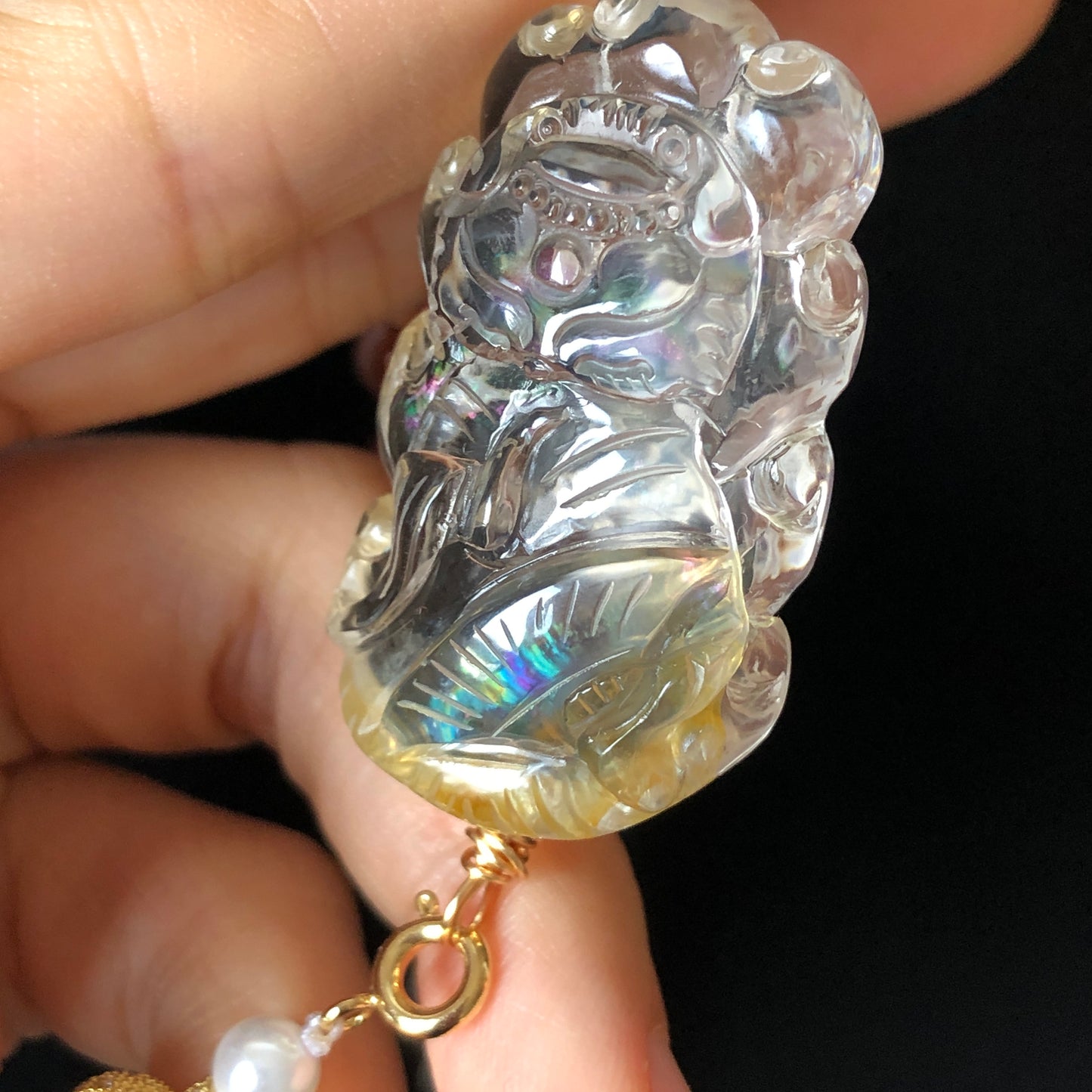 High Quality Natural Rainbow Yellow Hematoid Quartz Crystal Hand Carved Nine-tailed Fox Pendant | Aquamarine Pearl Tassel | Necklace Chain