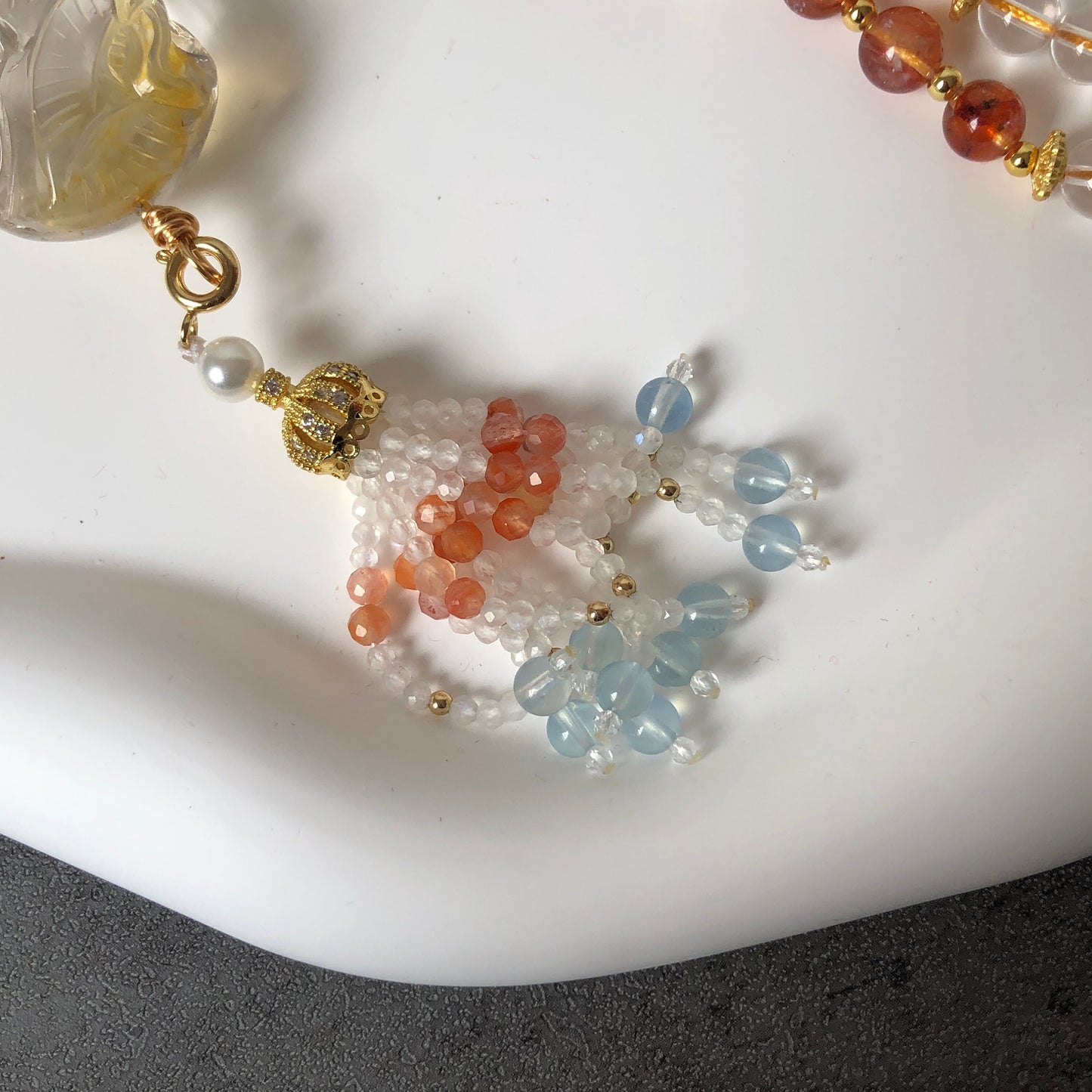 High Quality Natural Rainbow Yellow Hematoid Quartz Crystal Hand Carved Nine-tailed Fox Pendant | Aquamarine Pearl Tassel | Necklace Chain