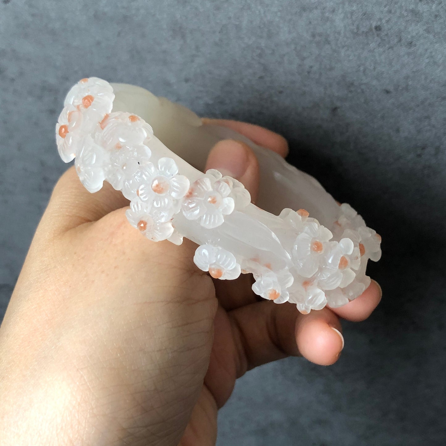 52.3mm Custom Size Natural SheTaiCui Jade (Quartzite) Hand Carved Nine-tailed Fox Flower Stone Crystal Bangle | Coral Pink Dots | Icy Milky
