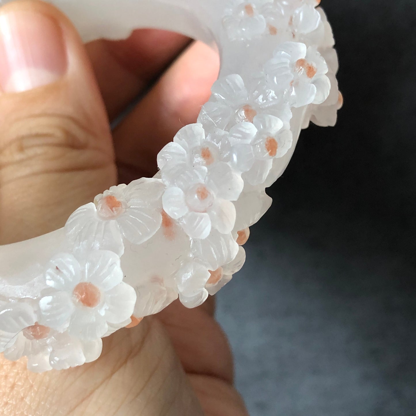 52.3mm Custom Size Natural SheTaiCui Jade (Quartzite) Hand Carved Nine-tailed Fox Flower Stone Crystal Bangle | Coral Pink Dots | Icy Milky