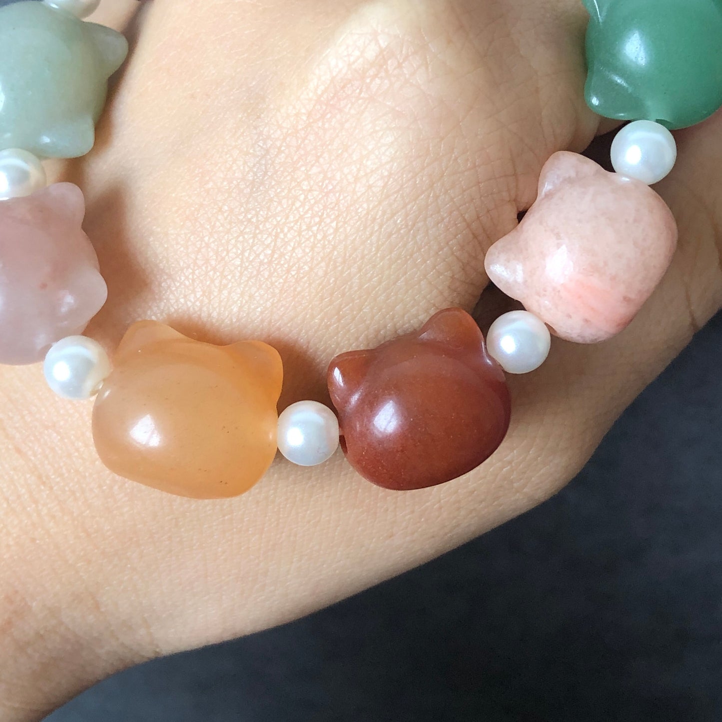Natural SheTaicui Jade (Quartzite) carved icy Cat charms crystal Bracelet | Rainbow colour | Sweet & Cute | Cat lovers | Personalized Gift